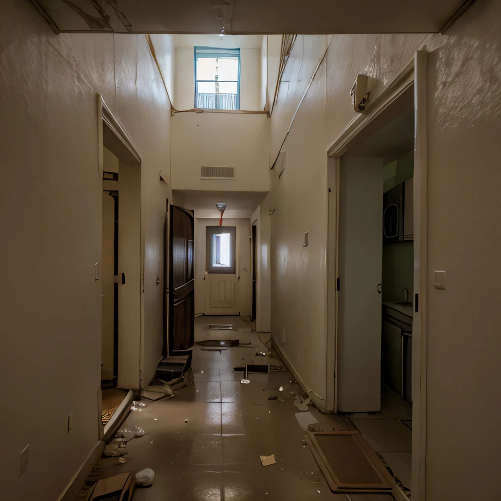 a hallway of an abounded apartment, a non-functional lift at the end of the hallway , staircase in left and door are on both side with pillars