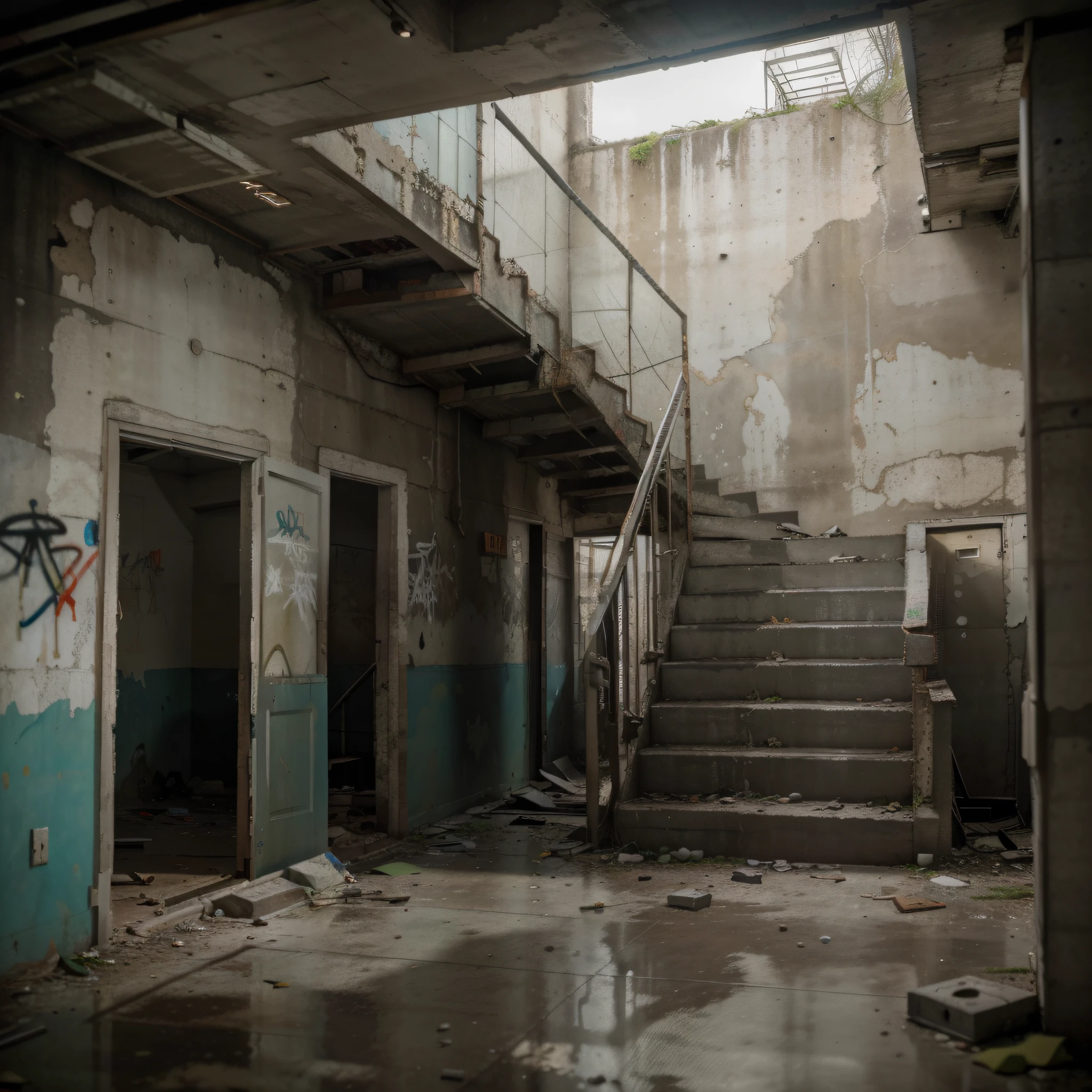 interior of An abandoned concrete building, stairs , hallway (best quality,4k,8k,highres,masterpiece:1.2),ultra-detailed,grimy,decaying walls,vibrant graffiti, overgrown vegetation,harsh lighting,murky atmosphere,post-apocalyptic setting,desolate surroundings,hauntingly beautiful.