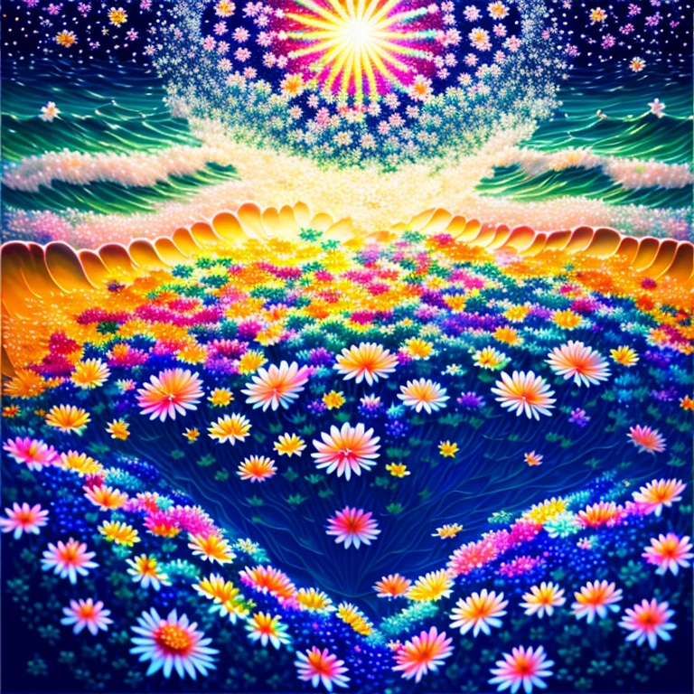 sea of flowerasterpiece roses),rainbow colored background, (highest quality, masterpiece, Today's shot, lighting effects, chiaroscuro)、flowers floating in the waves、Flowers that turn into spray、like seven colors々flower
