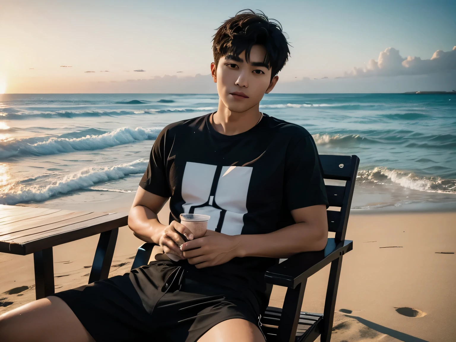 8k、asian man、shorts、T-shirt、（sunburned skin）25 year old boy with short black hair, sit on a beach chair facing the sea, alone, noon,、watch the sunrise, with real images