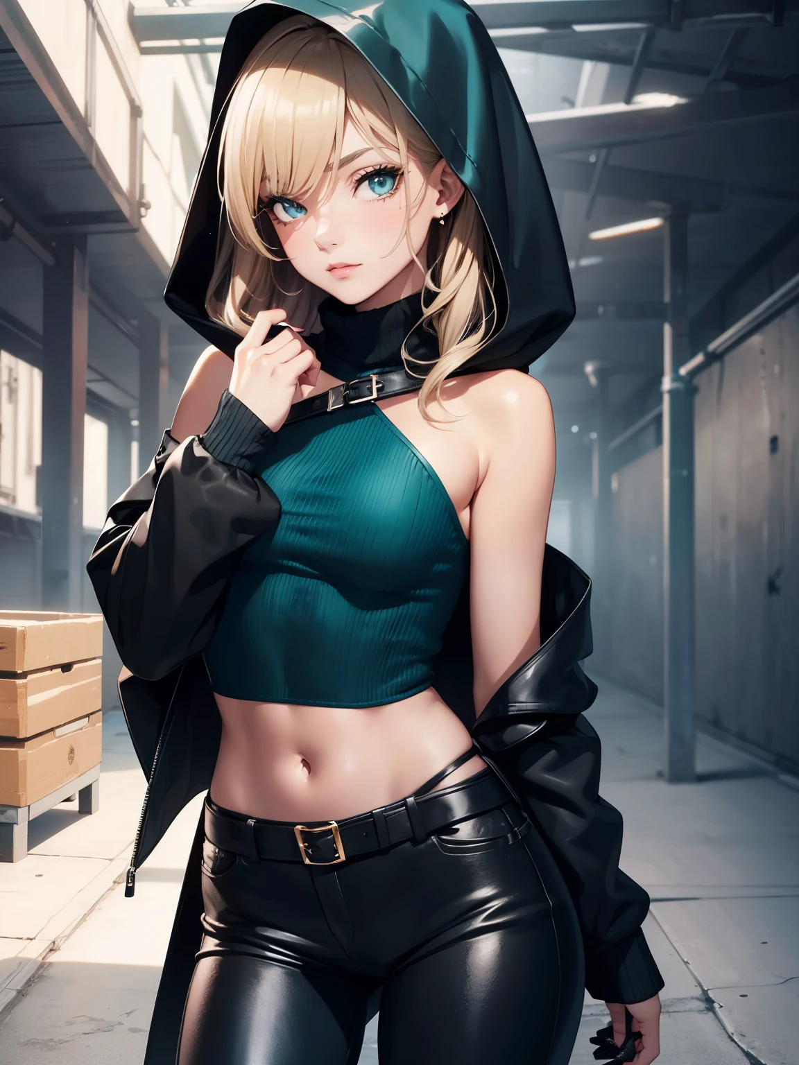 (best quality, 4k, 8k, highres, masterpiece:1.2),
	ultra-detailed,
	detailed face,
	detailed lips and eyes,
	attractive appearance,
	expressive face,
	anime style,
BREAK
	Valerie the Thief beautiful caucasian woman with messy wavy (shoulder length:1.3) blonde hair,
	23 years old,
	((big eyes)),
	(brown eyes:1.4),
	brown eyebrows,
	fair skin,
	lean and athletic,
BREAK
	detailed perfect fingers,
	perfect hands,
	detailed perfect face,
	intense blushing,
	short female,
	open mouth,
	smirk,
	arrogant caring slightly shy and slutty expression,
	(solo:1.2),
BREAK
	(black theme:1.5),
	(black leather choker),
	(Little Black Riding Hood:1.5),
	(black leather hood with glowing teal metallic embroidered details:1.3),
	(black elegant slim-fit striped ripped distressed trousers or hotpants:1.2) or worn out jeans,
	(luxurious knee height black stiletto boots:1.3),
BREAK
	(teal theme),
	(beautiful deep teal knitted silk turtleneck:1.3),
	smoky teal and red makeup,
BREAK
	refined glowing lavender lipstick,
BREAK
	standing in front of a concrete wall covered in urban graffiti or inside a covered parking lot,
	alluring diverse and dynamic poses,
	ass visible through thighs