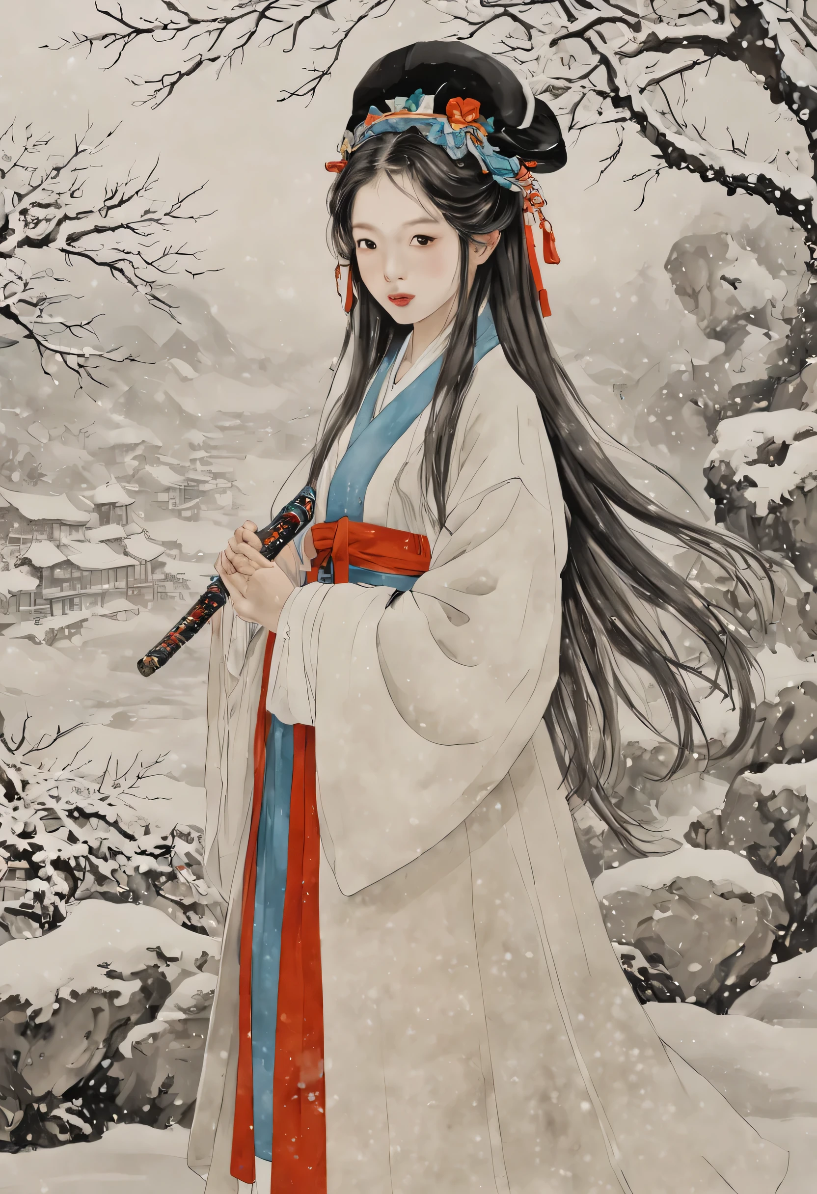 8k, masterpiece, best quality, two-dimensional, traditional chinese ink painting,
ink, 1 girl with a sword, (face with mask:1.2), A big hat is worn on his head, long hair, looking at the audience, White Chinese long coat,
The background is a lot of snow, white snow,