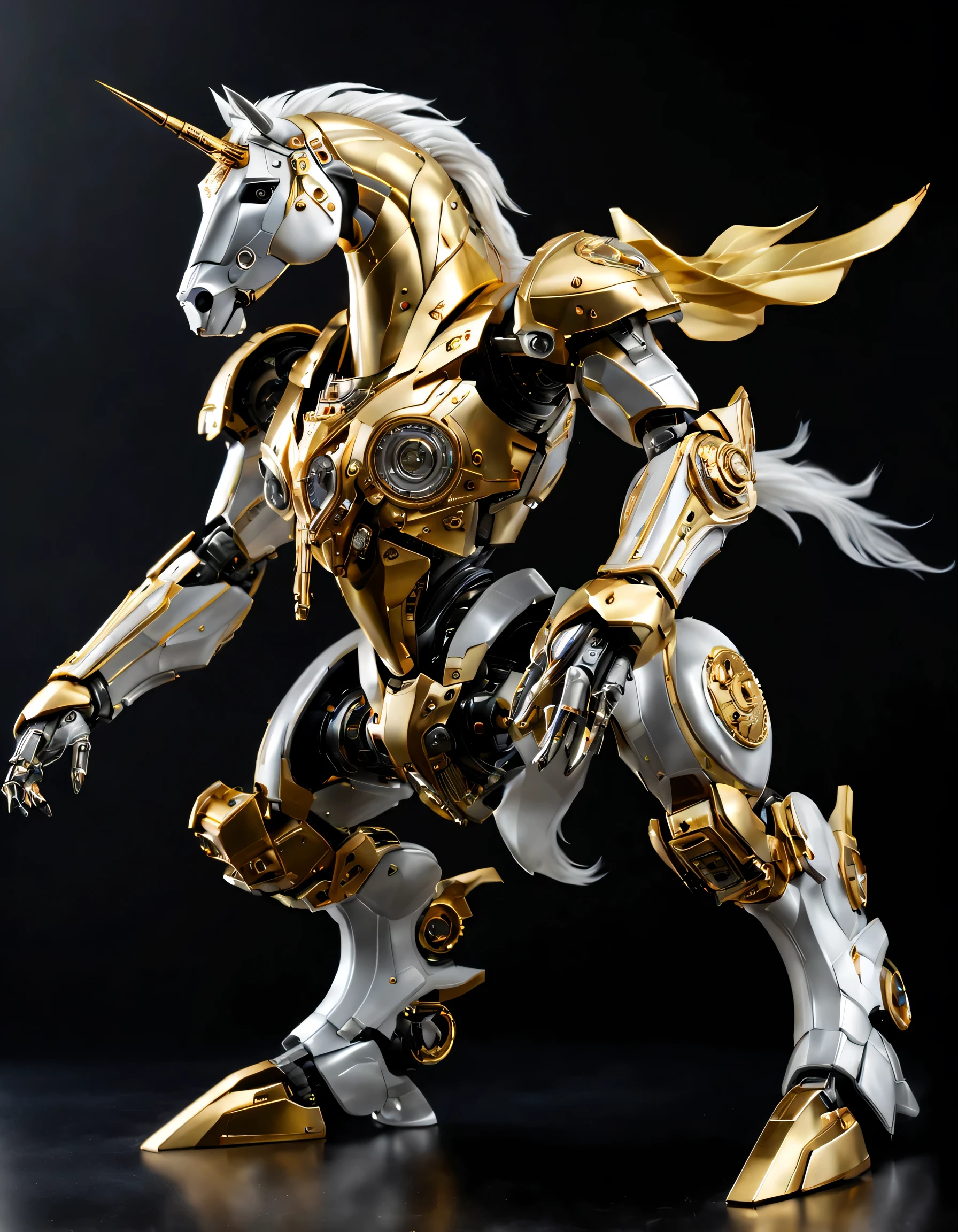 (full-body shot:1.5), (full view:1.5), (personification:1.5),Pure black background, A white-gold horse transparent mecha stands on the ground in a fighting posture, (mechanical horse head), Exquisite white transparent glass mechanical armor, Metal mechanical mask, Precision luminous electronic eye,(The internal structure is complex and precise:1.2), Exquisite and complex golden mecha texture, (gold mechanical thread:1.2), (Well-designed, high detail, masterpiece, best quality, ultra high definition, Sharpen details, ,metallic feel),New Jersey RS