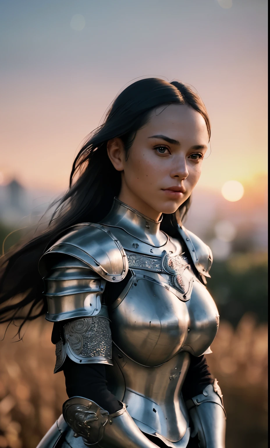 (masterpiece), (extremely intricate:1.3), (realistic), portrait of a girl, the most beautiful in the world, (medieval armor), metal reflections, upper body, outdoors, intense sunlight, far away castle, professional photograph of a stunning woman detailed, sharp focus, dramatic, award winning, cinematic lighting, octane render unreal engine, volumetrics dtx, (film grain, blurry background, blurry foreground, bokeh, depth of field, sunset, motion blur:1.3), chainmail