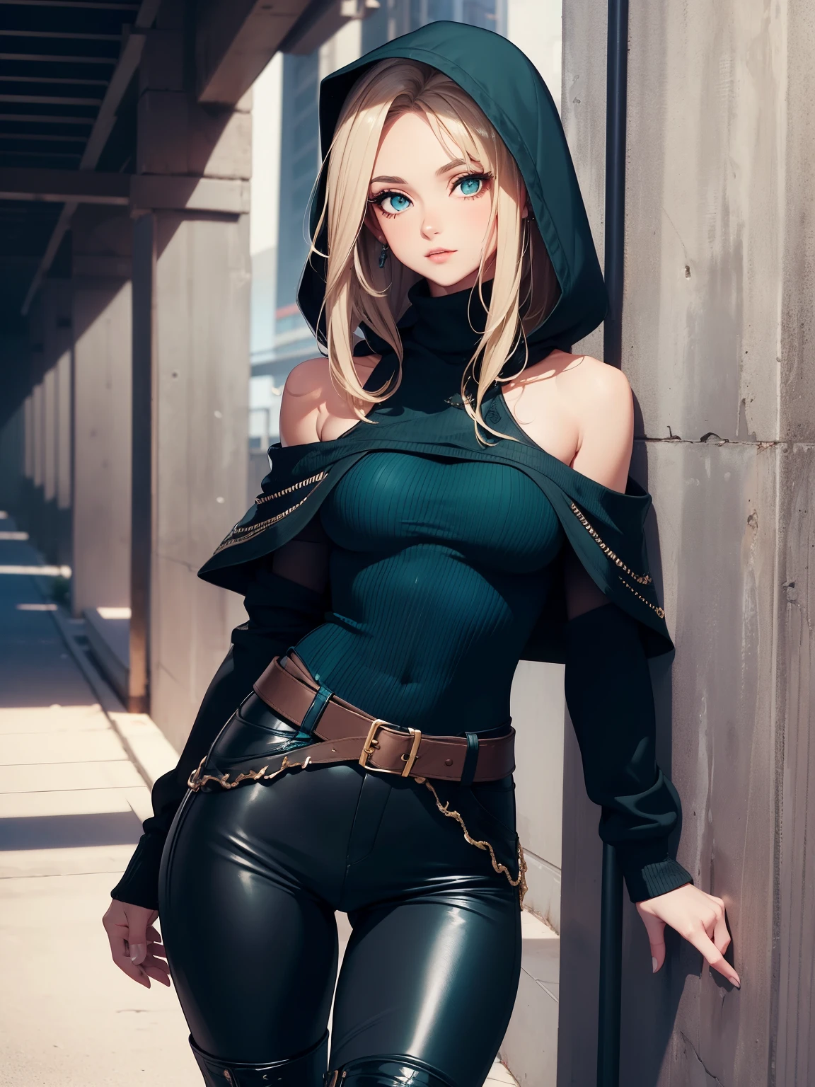 (best quality, 4k, 8k, highres, masterpiece:1.2),
	ultra-detailed,
	detailed face,
	detailed lips and eyes,
	attractive appearance,
	expressive face,
	anime style,
BREAK
	Valerie the Thief beautiful caucasian woman with messy wavy (shoulder length:1.3) blonde hair,
	23 years old,
	((big eyes)),
	(brown eyes:1.4),
	brown eyebrows,
	fair skin,
	lean and athletic,
BREAK
	detailed perfect fingers,
	perfect hands,
	detailed perfect face,
	intense blushing,
	short female,
	open mouth,
	smirk,
	arrogant caring slightly shy and slutty expression,
	(solo:1.2),
BREAK
	(black theme:1.5),
	(black leather choker),
	(Little Black Riding Hood:1.5),
	(black leather hood with glowing teal metallic embroidered details:1.3),
	(black elegant slim-fit striped ripped distressed trousers or hotpants:1.2) or worn out jeans,
	(luxurious knee height black stiletto boots:1.3),
BREAK
	(teal theme),
	(beautiful deep teal knitted silk turtleneck:1.3),
	smoky teal and red makeup,
BREAK
	refined glowing lavender lipstick,
BREAK
	standing in front of a concrete wall covered in urban graffiti or inside a covered parking lot,
	alluring diverse and dynamic poses,
	ass visible through thighs