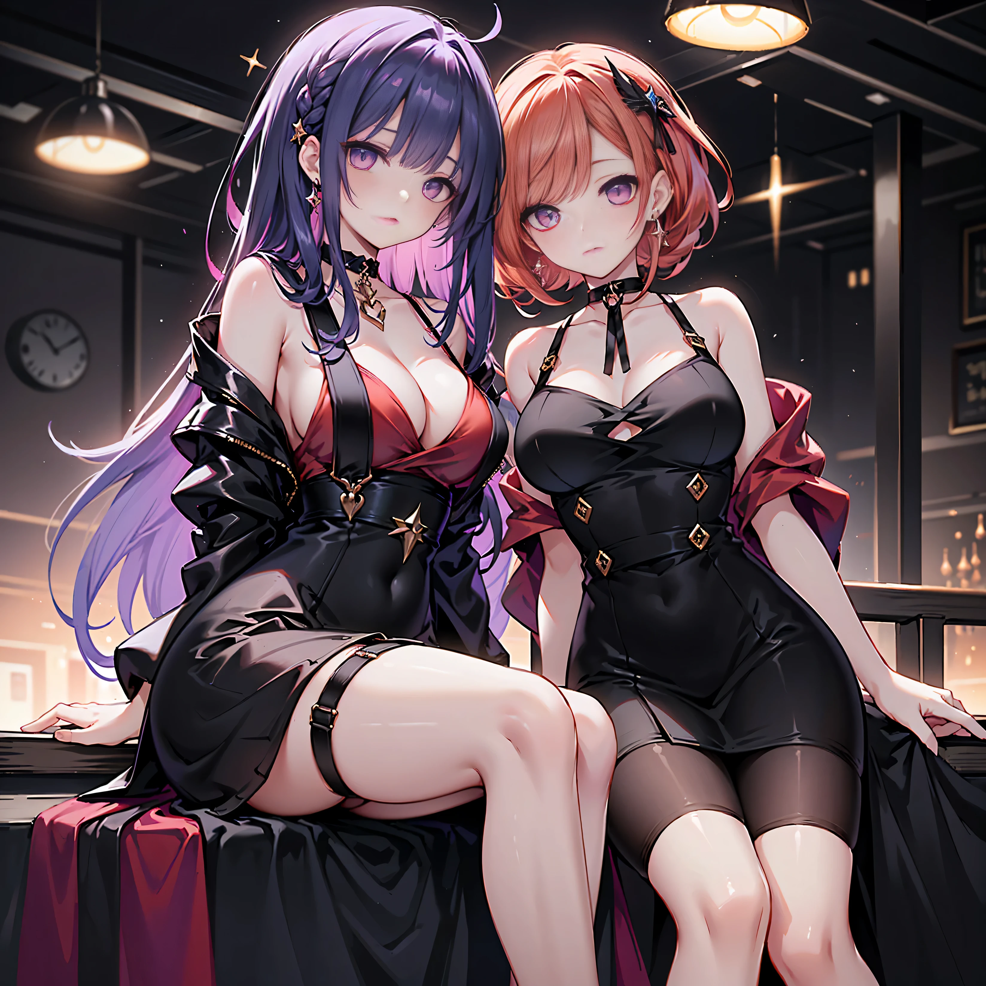 Best quality, perky tits, 8K, Suspender stockings, Woman, medium breasts, jazz room, (Red dress:1.2) (Black dress:1.4), bob haircut, choker on the neck, starry eyes, black style, professional, (Red hair:1.3) (purple hair:1.1) full height, girl sitting at the club counter, dim light in the room, Japan