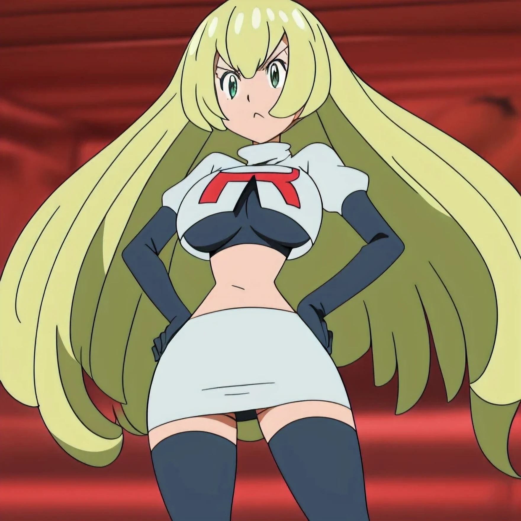 8k, anime screencap,1girl in, (solo:1.1), (perfect body:1.1), (best quality:1.1), very large breast, team rocket uniform, red letter r, white skirt,white crop top,black thigh-high boots, black elbow gloves, glaring angrily, looking down at viewer, hands on hips,zettai ryouiki,cowboy shot
