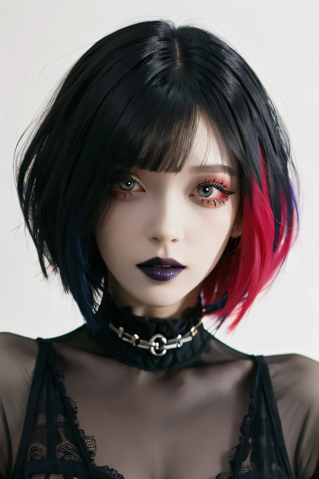 1girl,solo, upper body,looking at viewer, white background, bob cut, short hair, multicolored hair, makeup , parted lips, black lips, eyeliner, gothic, goth girl