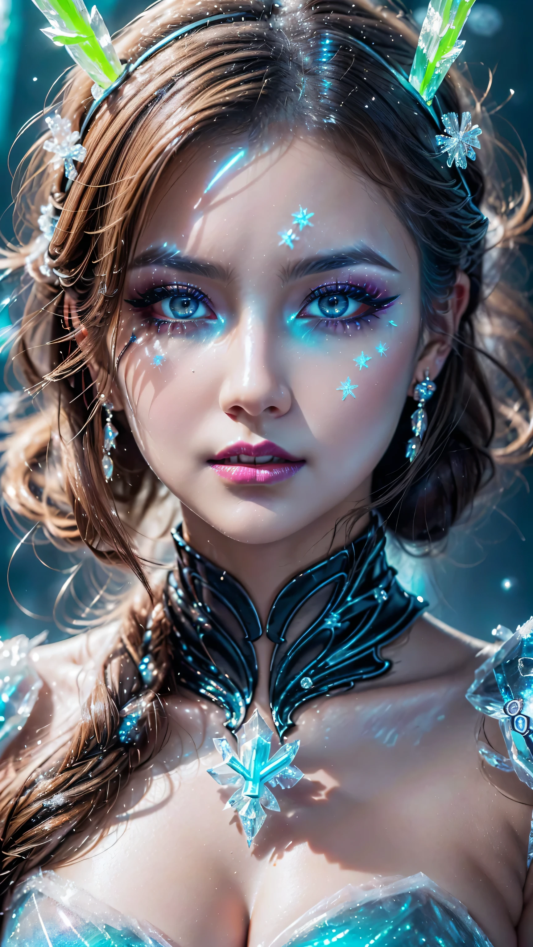dressed, (details of a very beautiful face)(best quality:1.4)16k resolution,(photo realistic:1.65), (realistic:1.65), 16k, (1girl:1.4) 21years old、((ancient ice priestess:1.3))、(((pillar of neon cold light from the sky:1.4))), (Increase quality:1.3), (best quality real texture skin:1.2), (ultra detailed eyes:1.3), ((finely detailed face:1.3)), ((finely quality eyes)), (tired and sleepy and satisfied:0.0), (detailed lips:1.33)、(Detailed nose:1.2)、(Increase body line mood:1.1), (Increase skin texture beauty:1.3), (small head: 1.4)、(slim face), ((anatomically correct)), velvety frost_makeup:1.35, long_blue_eyeliner:1.2, (frozen blue_ice_lipstick:1.4), ((frozen_blue_eyes:1.3)), (perfect blue_frozen_eyeshadows:1.25), there a close up of a woman's, (super detailed makeup on eyes:1.3), iridescent eyes, with professional makeup, vibrant eyes:1.2, (((Fluorescent ice crystals of different color:1.43)), (translucent:1.4), (Fantasy:1.4))), (anatomically correct:1.3)、((cleavage))、(I encourage you to choose a subdued and perfectly coordinated background for your phenomenal, diverse random creation)、((Use any technique to combine available materials, ((ice, fantasy armor, glass)):1.45), ((a beautiful antique ice diadem on her head:1.22)), (((bioluminescence ice:1.33))), ((fantasy elemental magic of the land of ice:1.33)), ((hair is a different color than eyes)), dynamic random fancy, professional hairstyles)、(very delicate and beautiful、fine details:1.3)、((ultra sharp fouatte skin:1.45))、((upper body shot:1.3))、(((wearing a dress of bioluminescence ice armor:1.33))), (((a very complicated, fancy style of dress in the shape of ice crystals: 1.65))), ((falling snowflakes, icy touch in the foreground:1.34)), UHD