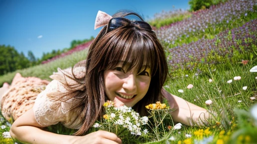 Lying on my stomach on  (the Flower field of astragalus in full bloom:1.2), Smiling milf