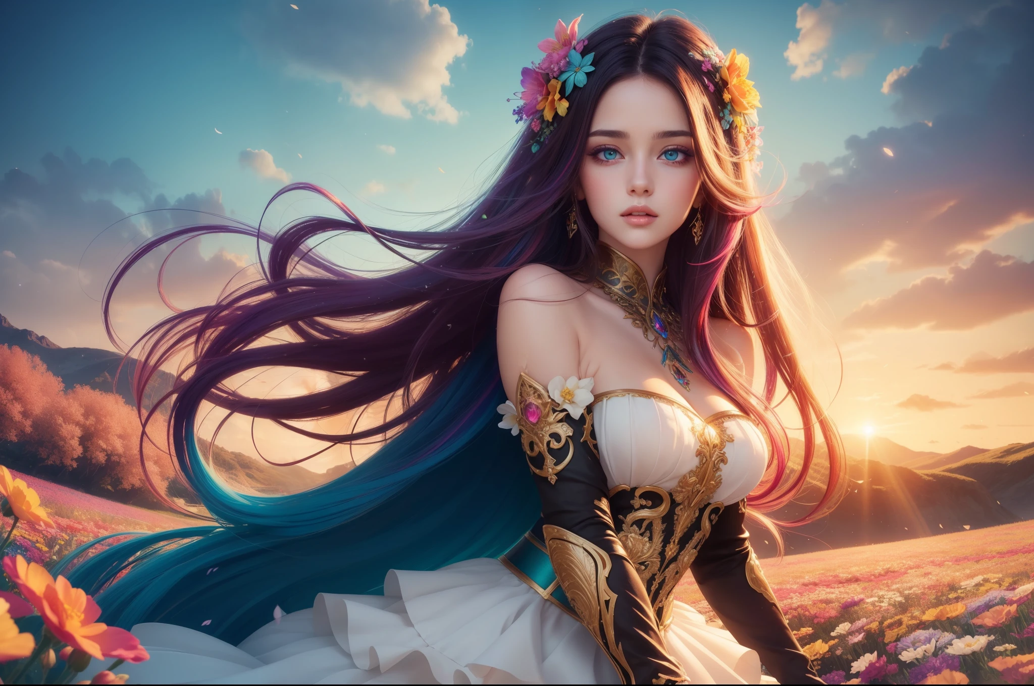 (masterpiece), high details, high quality, photorealistic, high contrast, detailed, cinematic lighting, hyper-detailed, realistic skin texture, perfect face, gorgeous eyes, (A beautiful girl, cute girl), cutie, flowers girl, (beautiful details dress, flowers hair ornament,detached sleeves), aqua eyes, lens flare, beautiful detail eyes, Long eyelashes, eyeliner, seductive figure, medium breasts, hourglass body shape, narrow waist, colorful hair, long hair, (Thick layered medium double-tailed hairstyle, full layered thick hair, full layered hair thick), gradient hair, shiny hair, (In the middle of a field of flowers, posing in flowers field), sea of flowers, colorful flowers field as background, fantasy art, colorful sky, 8k high quality detailed art, dark fantasy mixed with realism, colorful art style, colorful fantasy art style, CGI anime fantasy artwork, charming, seductive face, seductive expression, rainbow colors scheme, (colorful:1.2), (colorful hair:1.2), colorful light, particles, heterochromia