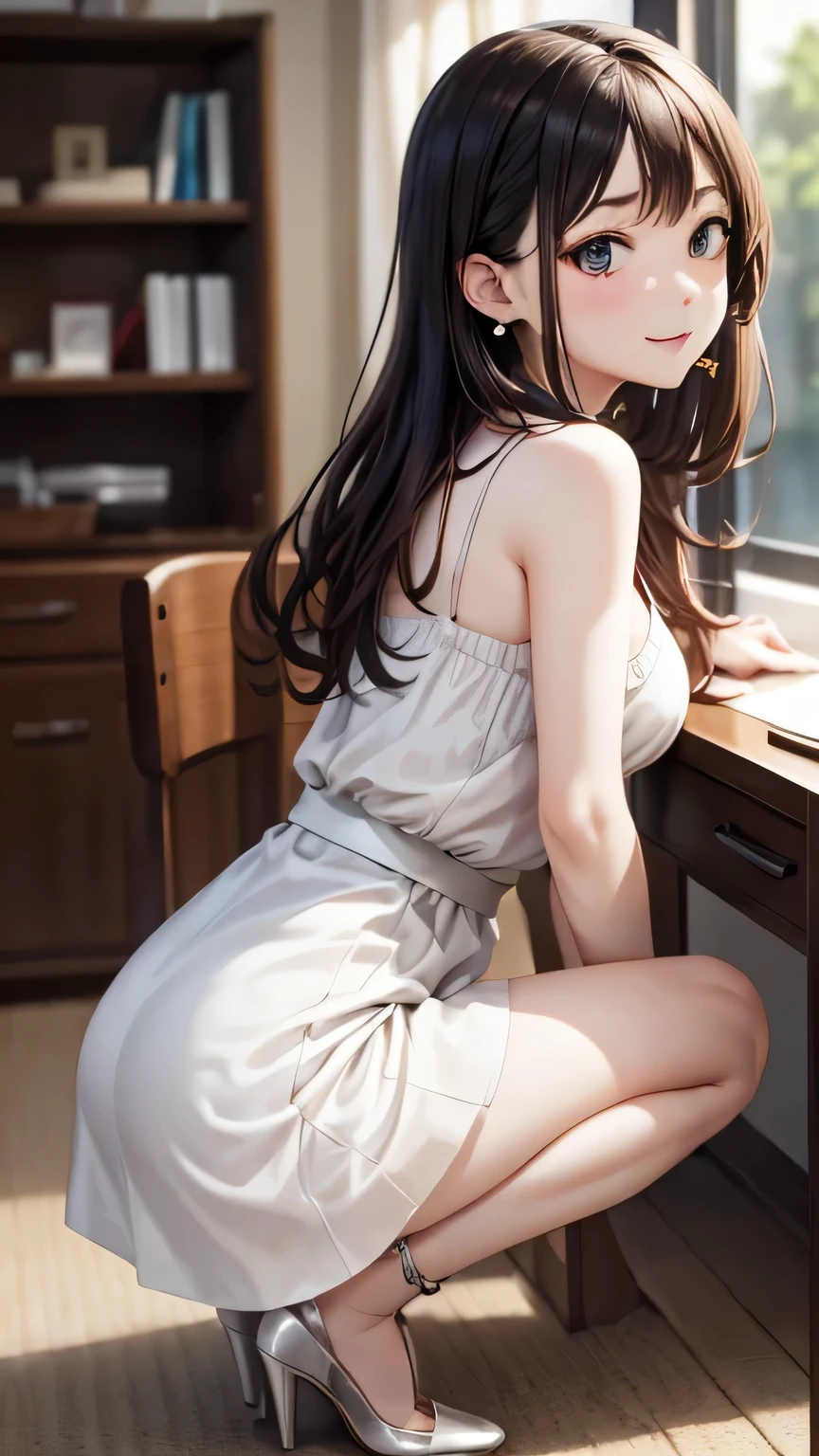 ((focus on the face)),NSFW, (full body shot, Full body photo including face), ((Cute symmetrical face))、OL、beautiful girl、slender body、(small ass、thin thighs）、White Sleeveless Dress、below knee length skirt、pantyhose、(high heels、anklets of the same color）、office、Are standing、I could see the whole body、handbag、head to toe photo、please describe the face、small earrings、2 women