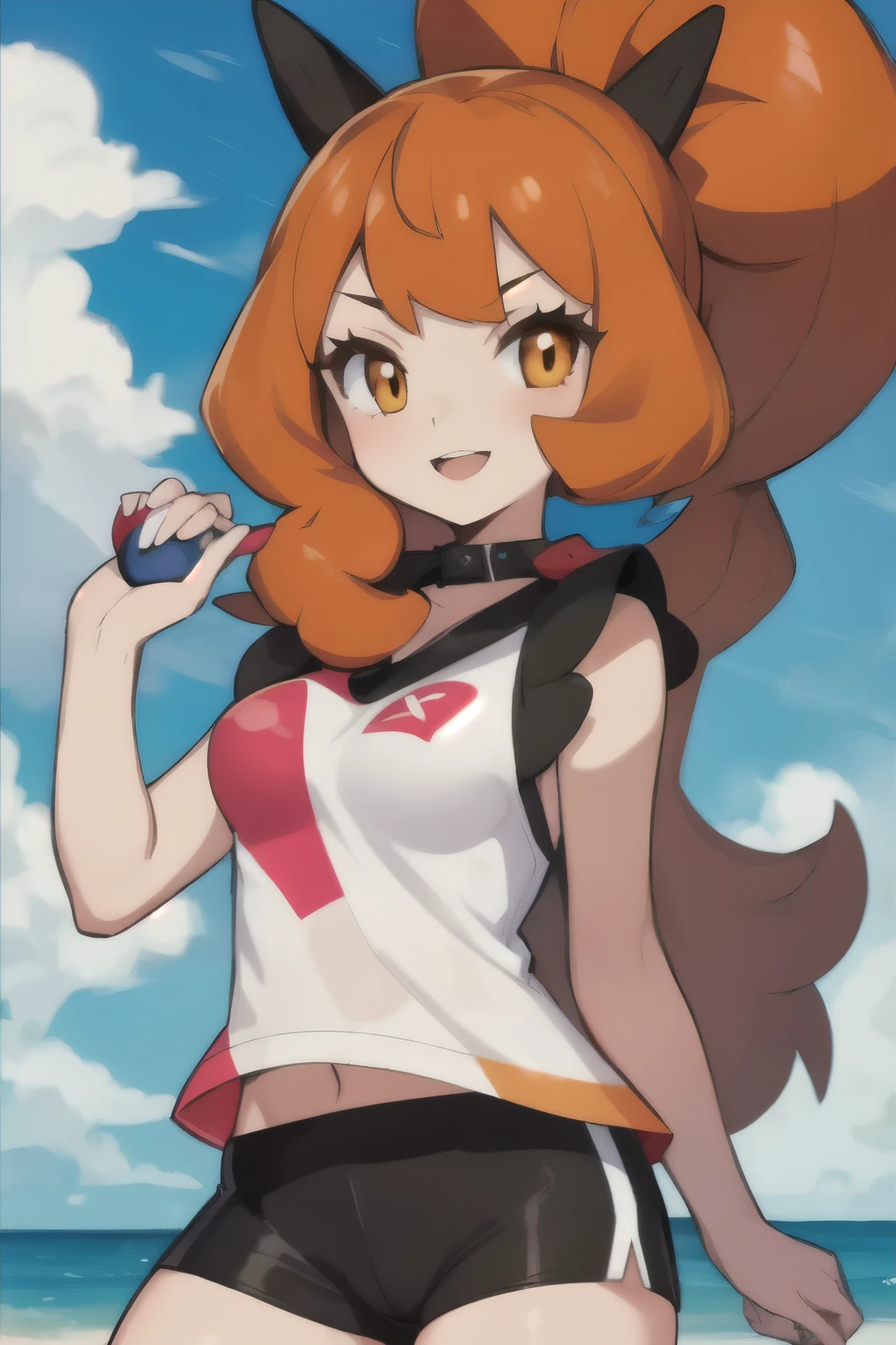 20 year old woman, entrenadora pokemon tipo hada, two ponytails,long hair, hair black and orange color,tsundere expretion
