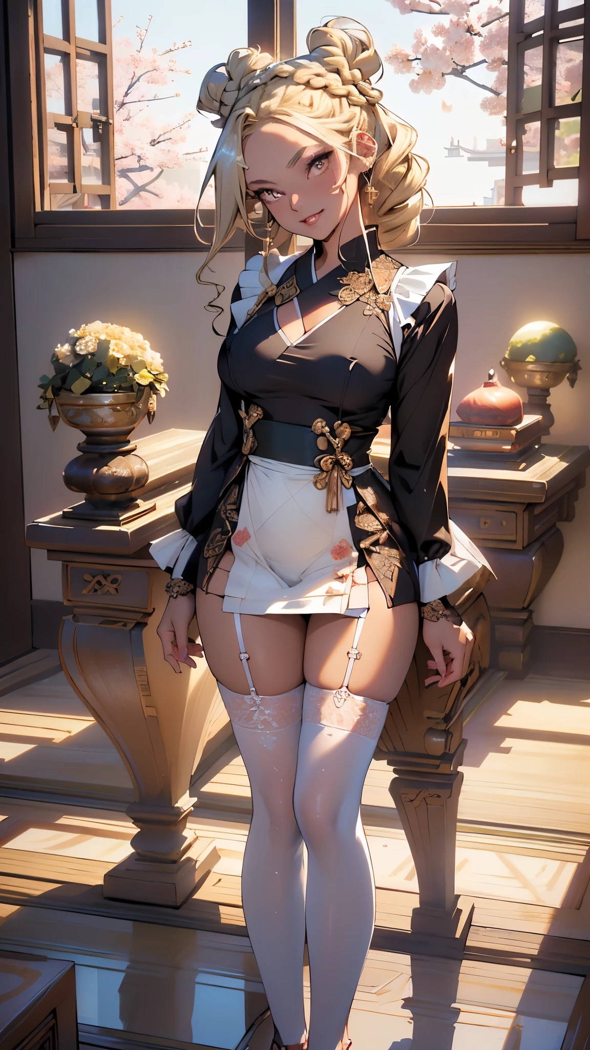 (female) of ancient Egypt,Egyptian (Sexy Haitian egyptian girl),((((1female,1 female, 1woman, 1 woman:1.5,woman,female,female gender:1.5)))),((((young woman,22 year old woman,young)))),seductive (((lean woman))),((((black race)))), (((blonde1.5, braided bun hair:1.5))),(((eyes golden:1.3))),intricate eyes,beautiful detailed eyes,symmetrical eyes,(ultra-detailed black eyes:1.1,symmetrical eyes:1),woman chest,(((dark skin lustrous skin:1.5,tanned skin,bright skin: 1.5,skin tanned,shiny skin,very shiny skin,shiny body))),perfect face,(((flat chest,slim figure))),(((detailed face))) ((seductive smile,dark character,sexy pose)),opulent,sumptuous, (((japanese maid outfit))),((((thighs length stockings ,maid)))),(barefoot,),(((maid))),((wet clothing,intricate outfit)), dynamic pose,looking at viewer,smile, sexy ,centered,scale to fit dimensions,Rule of thirds, ((dynamic lighting, japanese town room:0.5, window, sun lighting, clean floor)),indoors,pillars,((pillars background,japanese palace,japanese palace background,cherry blossom trees in the background)),scenery,extremely beautiful scenery,(flowers everywhere,flowers on the background),sunset, golden hour), (Glossy japanese ornaments),highres,sharp focus,(ultra detailed,extremely detailed),(photorealistic artwork:1.37),(extremely detailed CG unity 8k wallpaper),(((vibrant colors,vibrant theme))),(intricate),(masterpiece),(best quality),