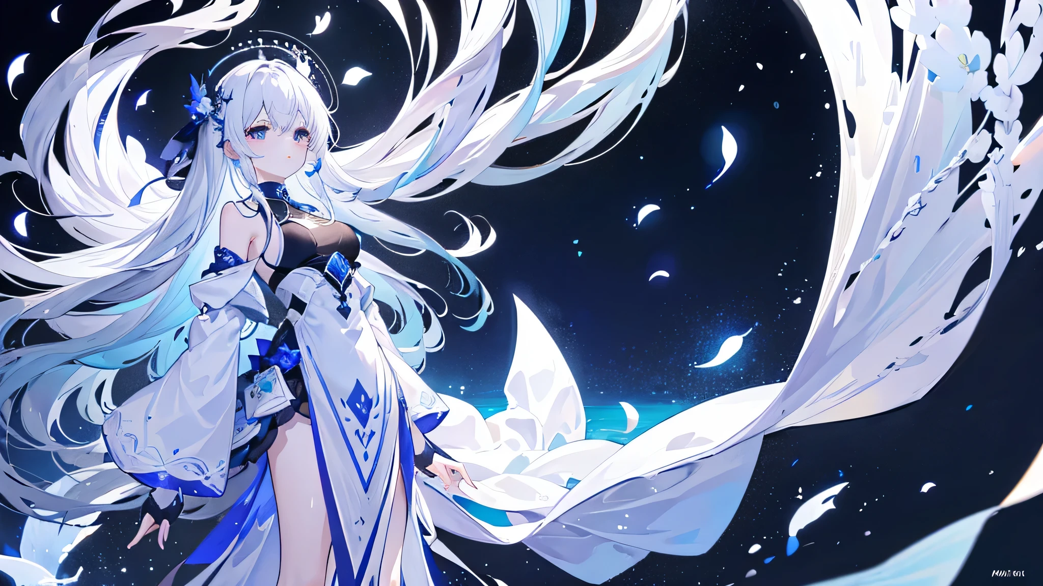 "On a quiet lake illuminated by the light of the full moon、Please draw a scene in which white petals dance gracefully..。The background is a deep night blue and black gradation..、It exudes a mysterious atmosphere。The lake surface reflects the moon and white petals like a mirror..、Creates an overall magical and calm atmosphere.。This image is、「Keys of Moon - White Petals Sovereign」According to the theme BGM、Used as a thumbnail that combines elegance and mystery。in high resolution、beautiful and detailed、Aiming for attractive visuals。"