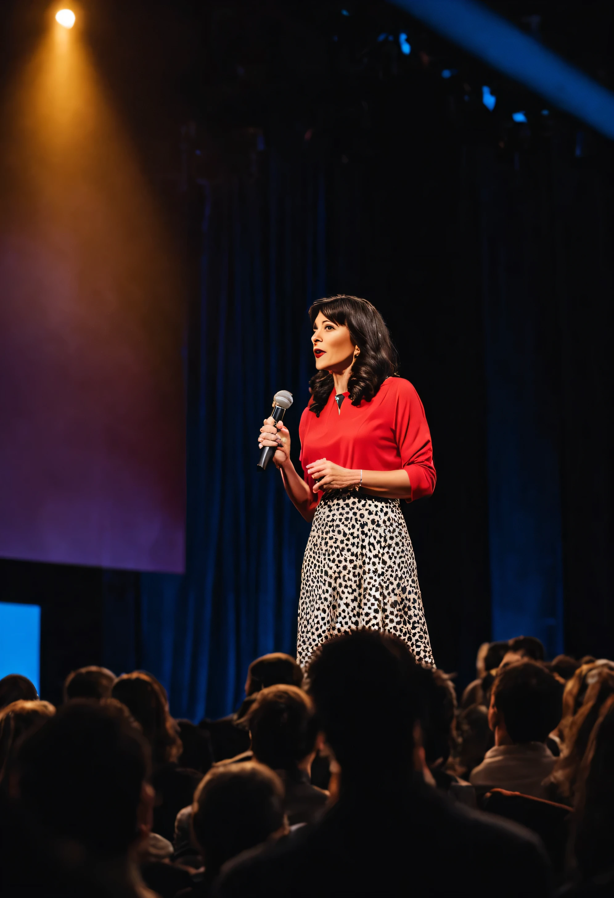 Woman with dark hair speaks on stage in front of a large audience
