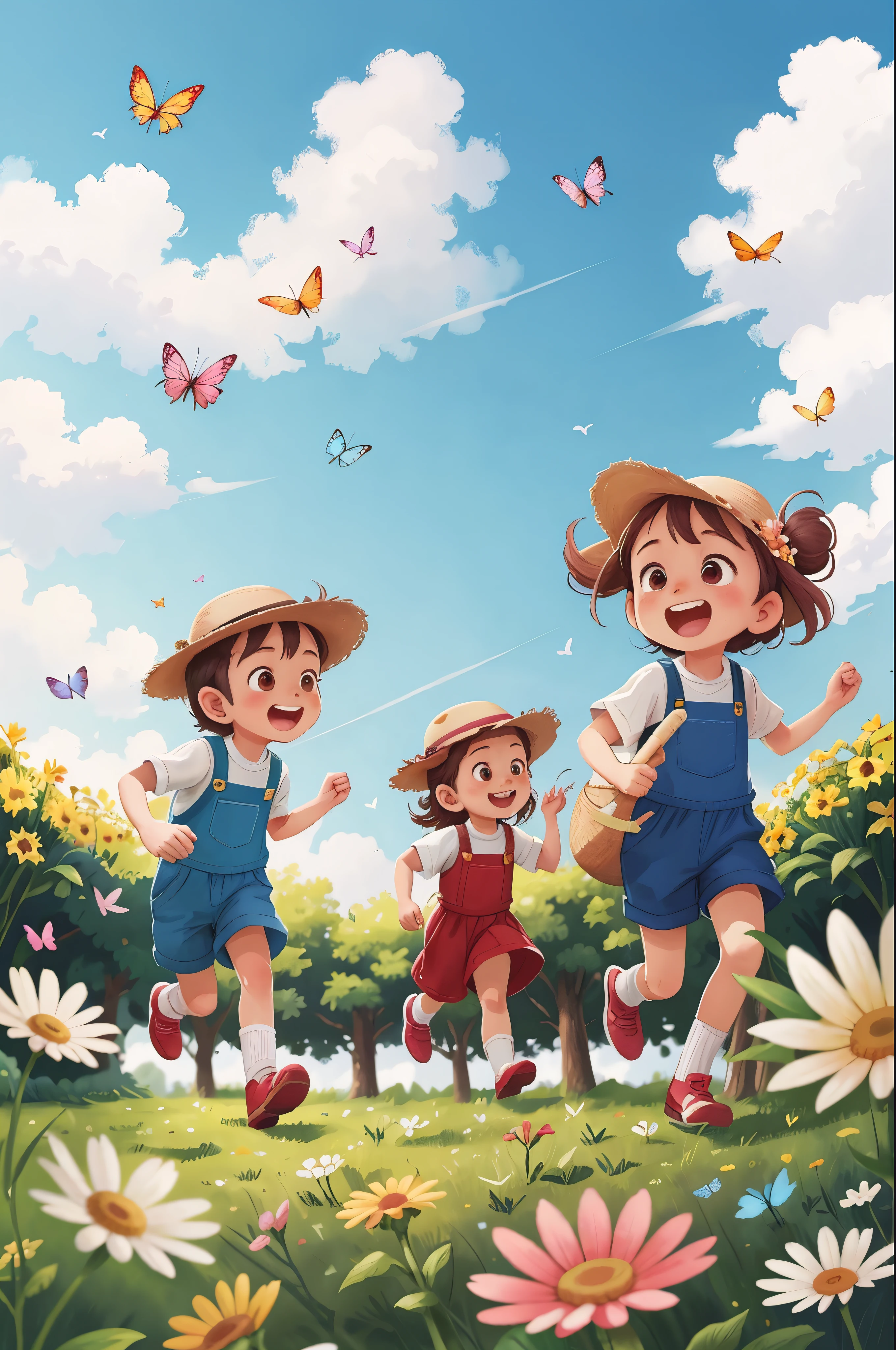 Inside the farm,spring,Blue sky and white clouds,Several children running and playing,Cheerful and warm pictures,There are cows in the farms,sheep,Colorful flowers,flying butterflies,colorful,Lens photography,Capture dynamic shots of kids and action,Ultra-low wide angle,(masterpiece,best quality,intricate details),