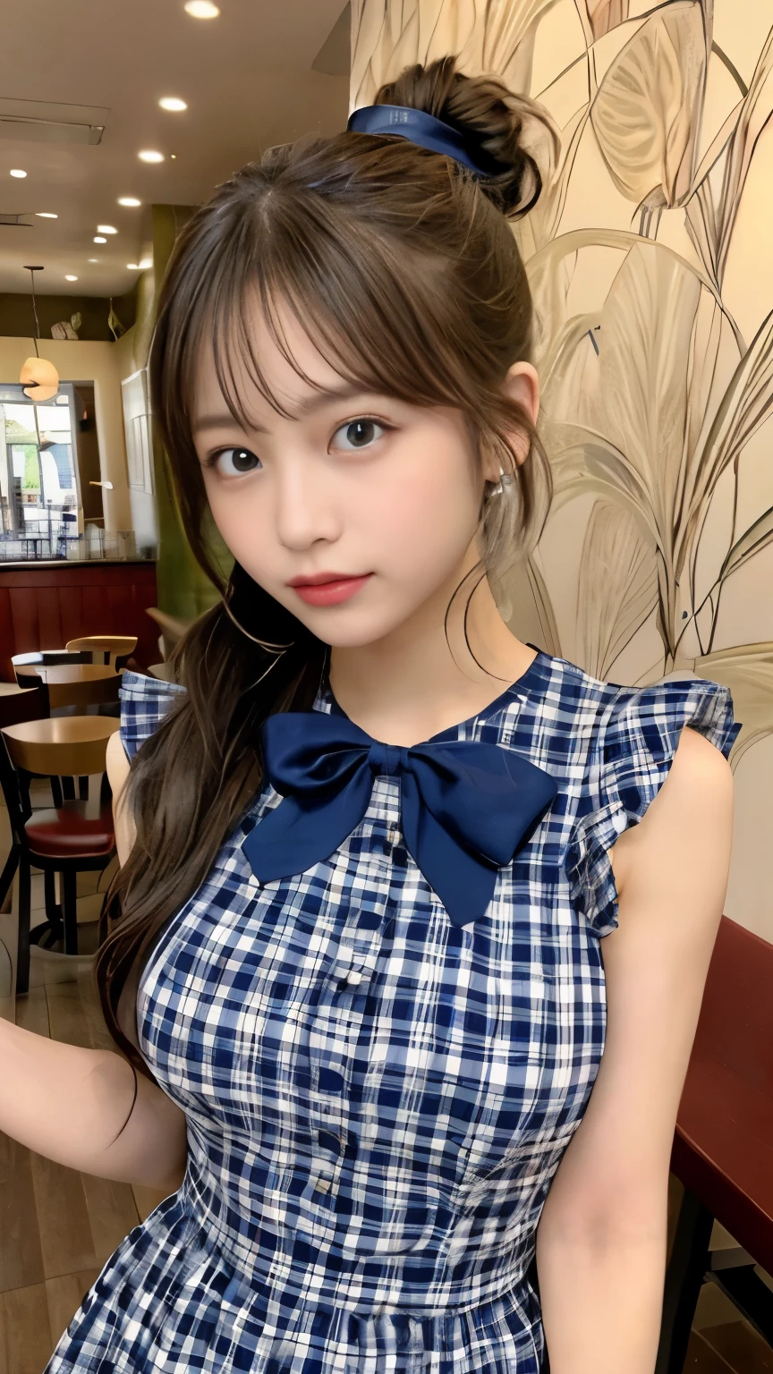 (Masseter muscle part、highest quality、Mysterious、beautiful beautiful、perfect human body balance、official art:1.2)、(1 girl:1.3)、(big breasts:1.2)、shiny skin、pattern、(Navy plaid ta dress with detailed ruffles:1.2)、(In front of the cafe:1.3)、(Tie a high ponytail with a thin ribbon:1.3)、(masterpiece portrait)、Japanese、16 ywn eyes)、exotic wallpaper、Very chic、abstract background、Fantastic