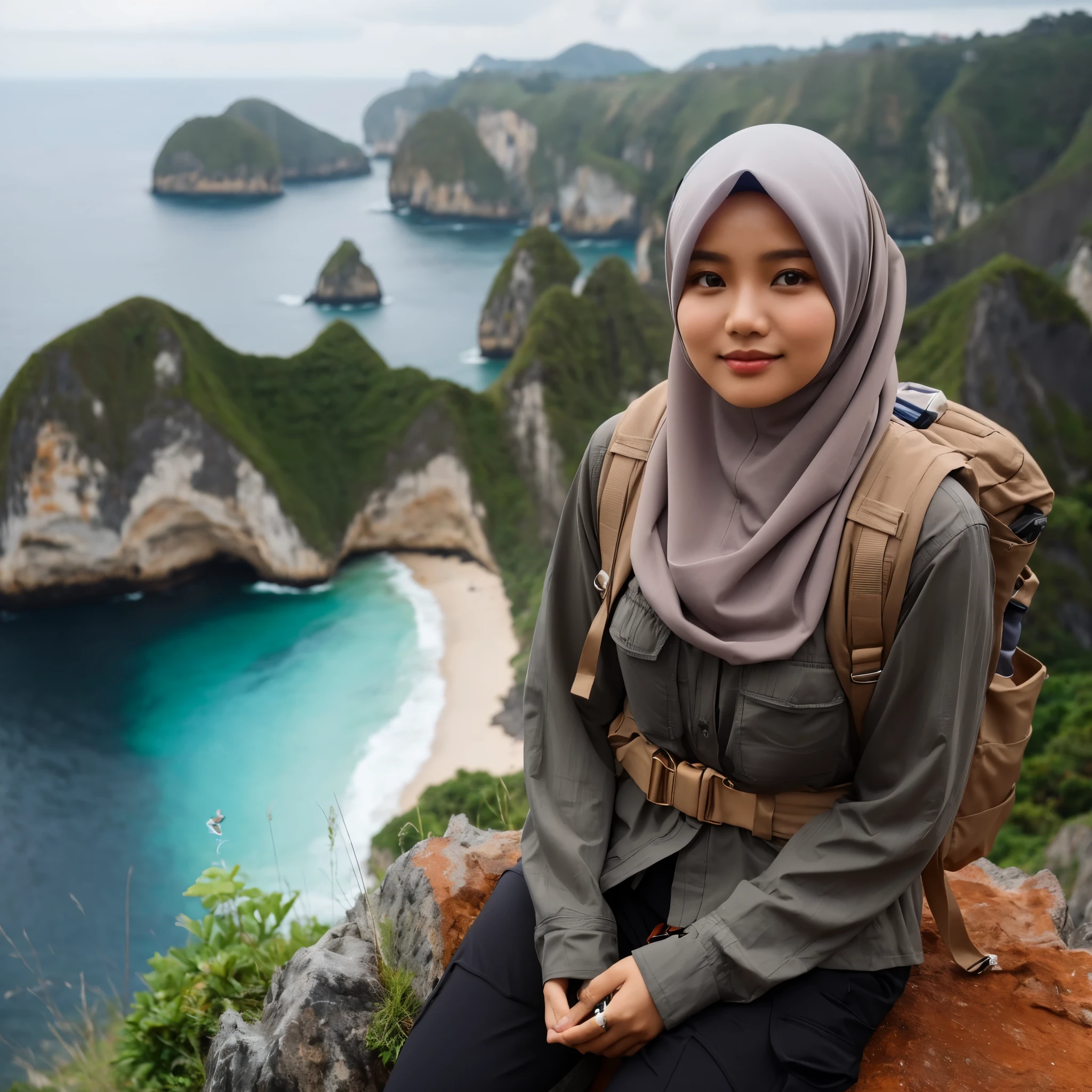 an Indonesian woman wearing a hijab and adventure clothes, wearing black pants and a watch, is standing on a cliff, with a very beautiful view of the ocean, face facing forward, faint smile, photo realistic.