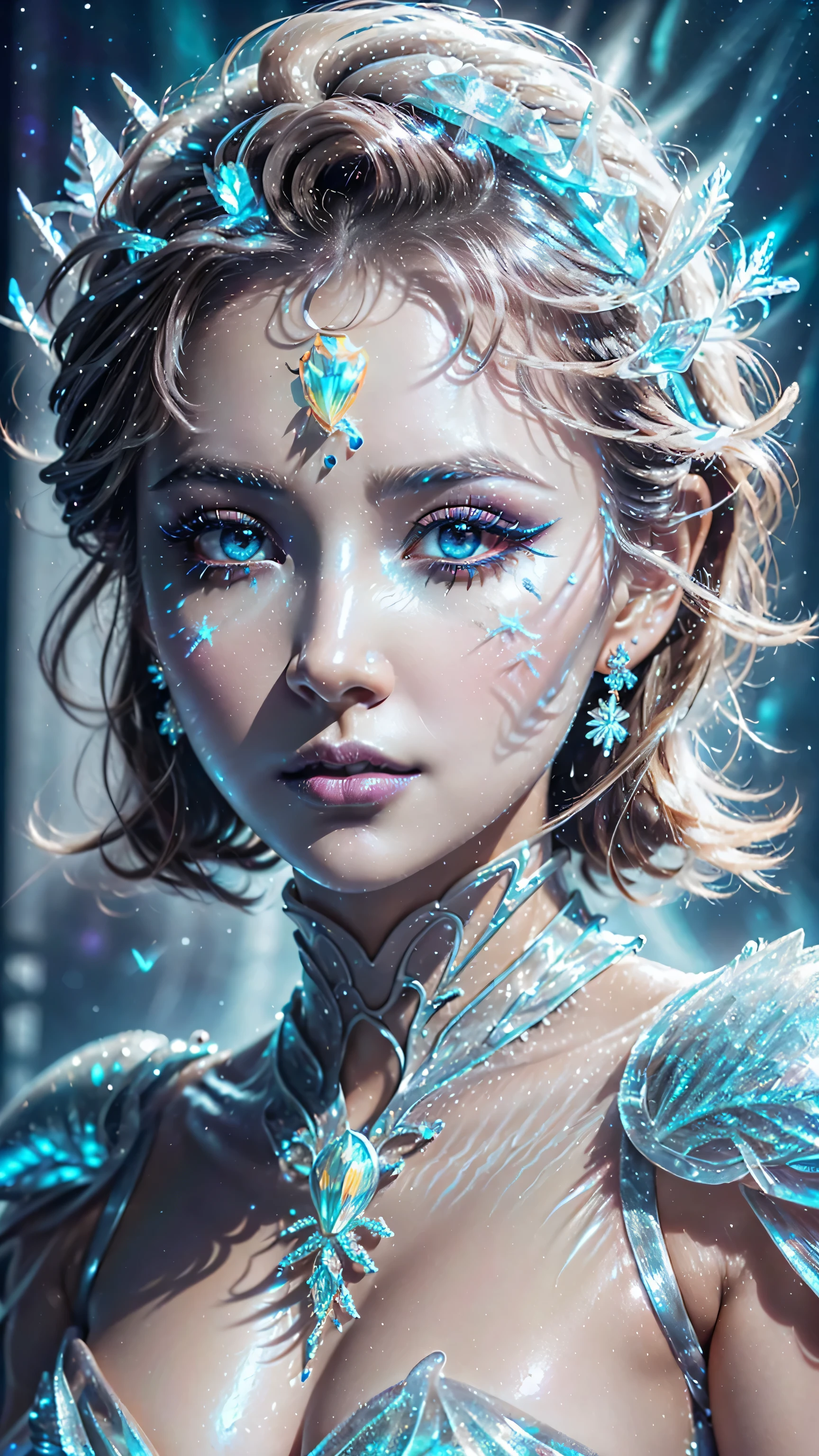 dressed, (details of a very beautiful face)(best quality:1.4)16k resolution,(photo realistic:1.65), (realistic:1.65), 16k, (1girl:1.4) 21years old、((ancient ice priestess:1.3))、(((pillar of neon cold light from the sky:1.4))), (Increase quality:1.3), (best quality real texture skin:1.2), (ultra detailed eyes:1.3), ((finely detailed face:1.3)), ((finely quality eyes)), (tired and sleepy and satisfied:0.0), (detailed lips:1.33)、(Detailed nose:1.2)、(Increase body line mood:1.1), (Increase skin texture beauty:1.3), (small head: 1.4)、(slim face), ((anatomically correct)), velvety frost_makeup:1.35, long_blue_eyeliner:1.2, (frozen blue_ice_lipstick:1.4), ((frozen_blue_eyes:1.3)), (perfect blue_frozen_eyeshadows:1.25), there a close up of a woman's, (super detailed makeup on eyes:1.3), iridescent eyes, with professional makeup, vibrant eyes:1.2, (((Fluorescent ice crystals of different color:1.43)), (translucent:1.4), (Fantasy:1.4))), (anatomically correct:1.3)、((cleavage))、(I encourage you to choose a subdued and perfectly coordinated background for your phenomenal, diverse random creation)、((Use any technique to combine available materials, ((ice, fantasy armor, glass)):1.45), ((a beautiful antique ice diadem on her head:1.22)), (((bioluminescence ice:1.33))), ((fantasy elemental magic of the land of ice:1.33)), ((hair is a different color than eyes)), dynamic random fancy, professional hairstyles)、(very delicate and beautiful、fine details:1.3)、((ultra sharp fouatte skin:1.45))、((upper body shot:1.3))、(((wearing a dress of bioluminescence ice armor:1.33))), (((a very complicated, fancy style of dress in the shape of ice crystals: 1.65))), ((falling snowflakes, icy touch in the foreground:1.34)), UHD