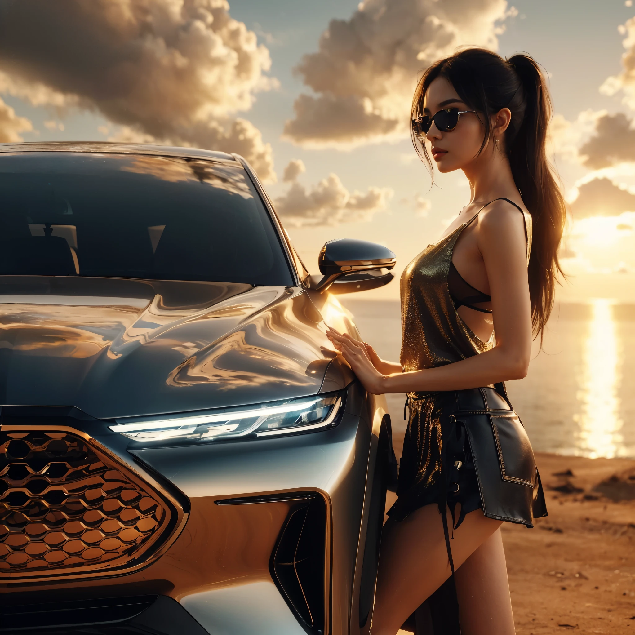 (Ultra-detailed eyes), ((very sharp photo result & detailed face)) (((textile shading))), (((Best Quality))), (((masterpiece))), (((Ultra-detailed CG))) ((striking a pose)) realistic photography 16K HD, backlight tight close shoot an asian girl (wear edgy fashionable tanktop & skirt) ((detail face)) pose with sleek futuristic design SUV car, clean horizon, sea salt golden sky reflective natural blue sky dramatic landscape, ((side angle car))  suv car stylish shape from side view, gold colour, body colour with black on top, panoramic sun roof, (((realistic body texture))) ((3d well rendered)) wallpaper quality, take by hasselblad, medium lens, 8K, ultra HD, highly detailed