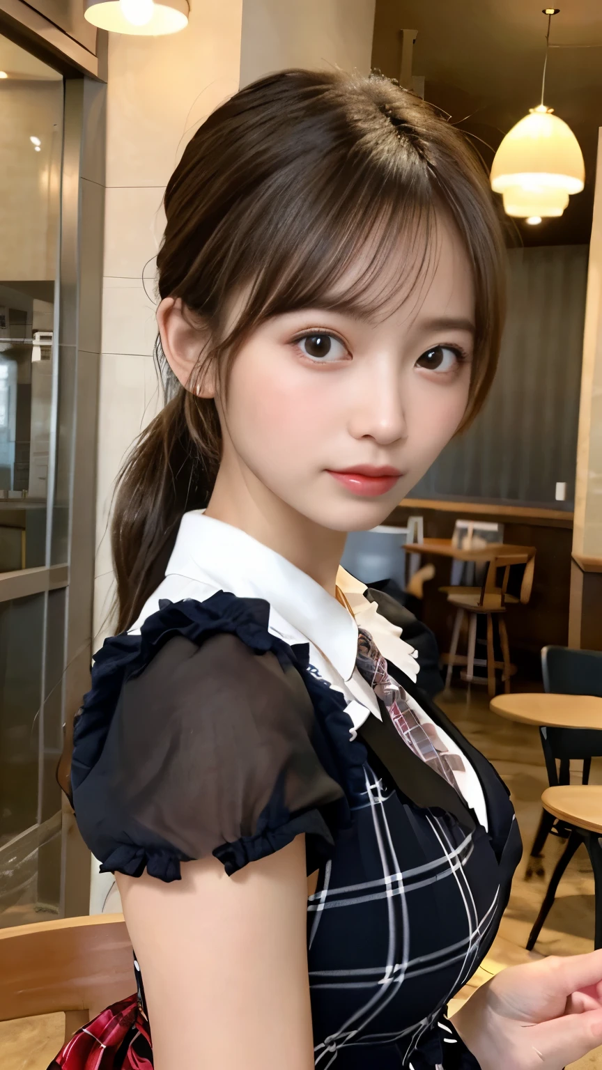 (Masseter muscle part、highest quality、Mysterious、beautiful beautiful、perfect human body balance、official art:1.2)、(1 girl:1.3)、(big breasts:1.2)、shiny skin、pattern、(Plaid ****ta dress with detailed ruffles:1.2)、(In front of the cafe:1.3)、(Tie a high ponytail with a thin ribbon:1.3)、(masterpiece portrait)、Japanese、************、brown eyes)、exotic wallpaper、Very chic、abstract background、Fantastic