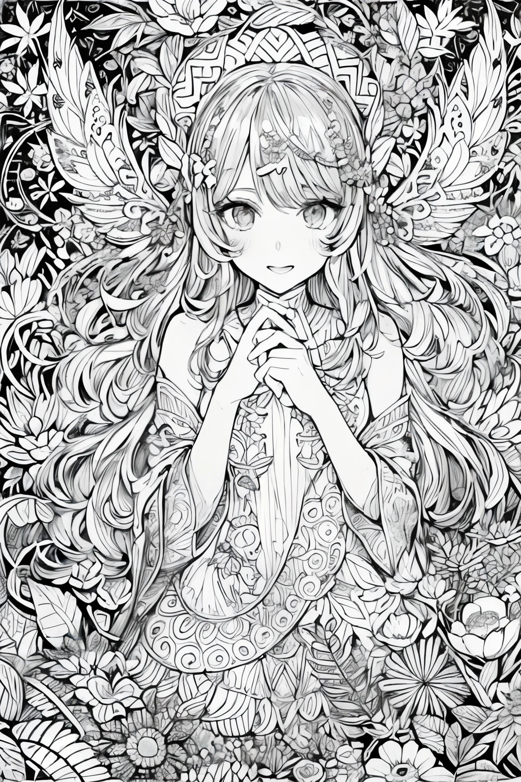 (A black and white coloring book:1.5),cute forest fairy,It has transparent feathers。