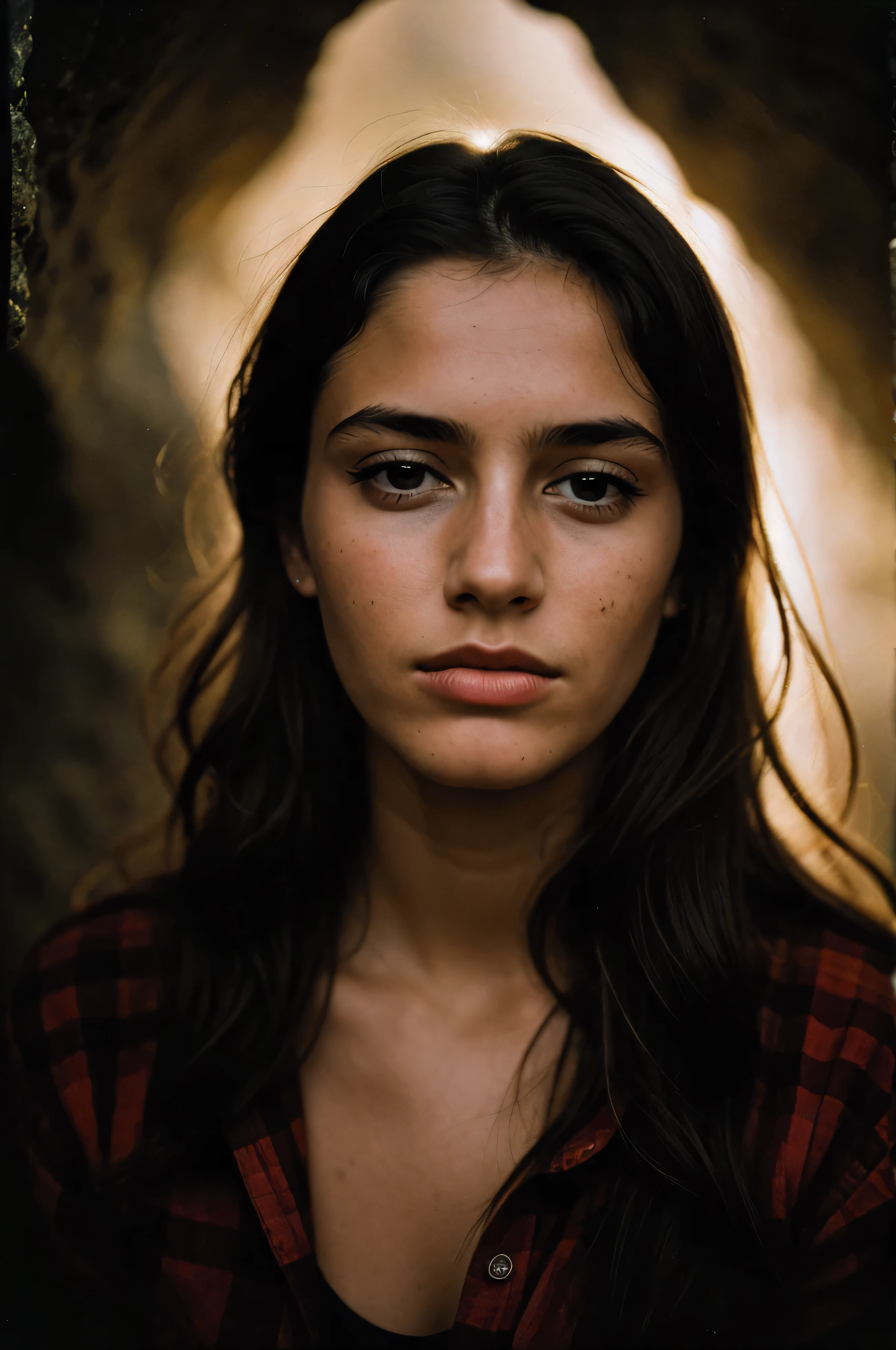photograph of a woman, (troubled facial expression), textured skin, goosebumps, blonde afro hair, plaid flannel shirt with distressed boyfriend jeans, cowboy shot, dark and mysterious cave with unique rock formations and hidden wonders, perfect eyes, (candlelight,chiaroscuro), Porta 160 color, shot on ARRI ALEXA 65, bokeh, sharp focus on subject, shot by Don McCullin