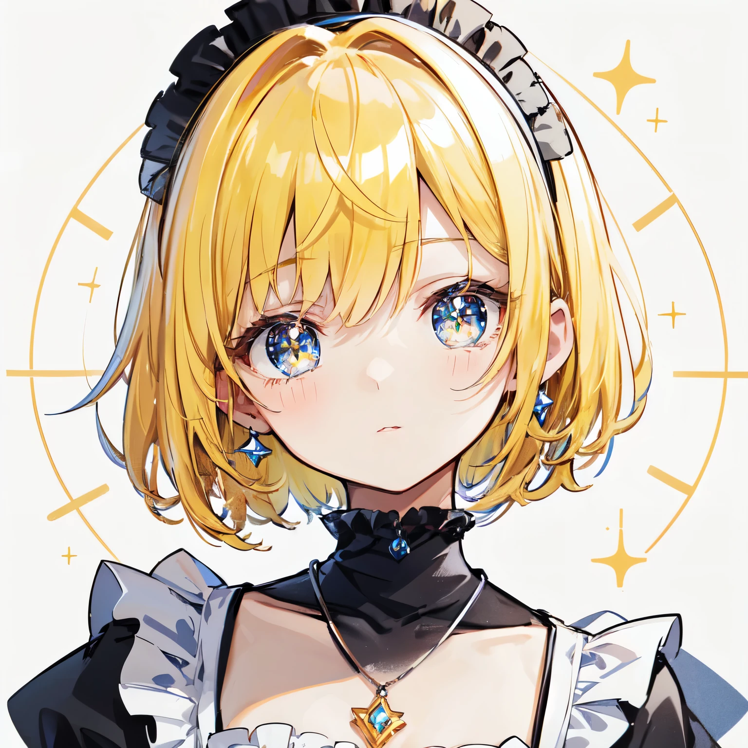 Maid clothes. she has a beautiful face and a bright personality、sparkling eyes. I see a magical light shining around her.、Detail view. bright colors. High resolution、yellow hair、jewelry necklace、short hair