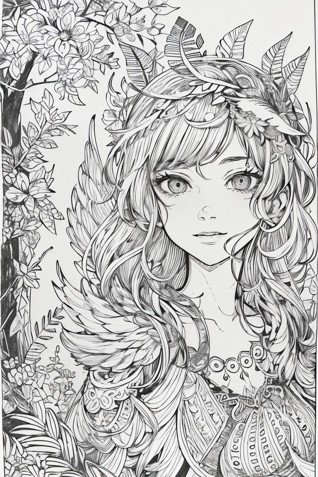 (A black and white coloring book:1.5),cute forest fairy,It has transparent feathers,simplification