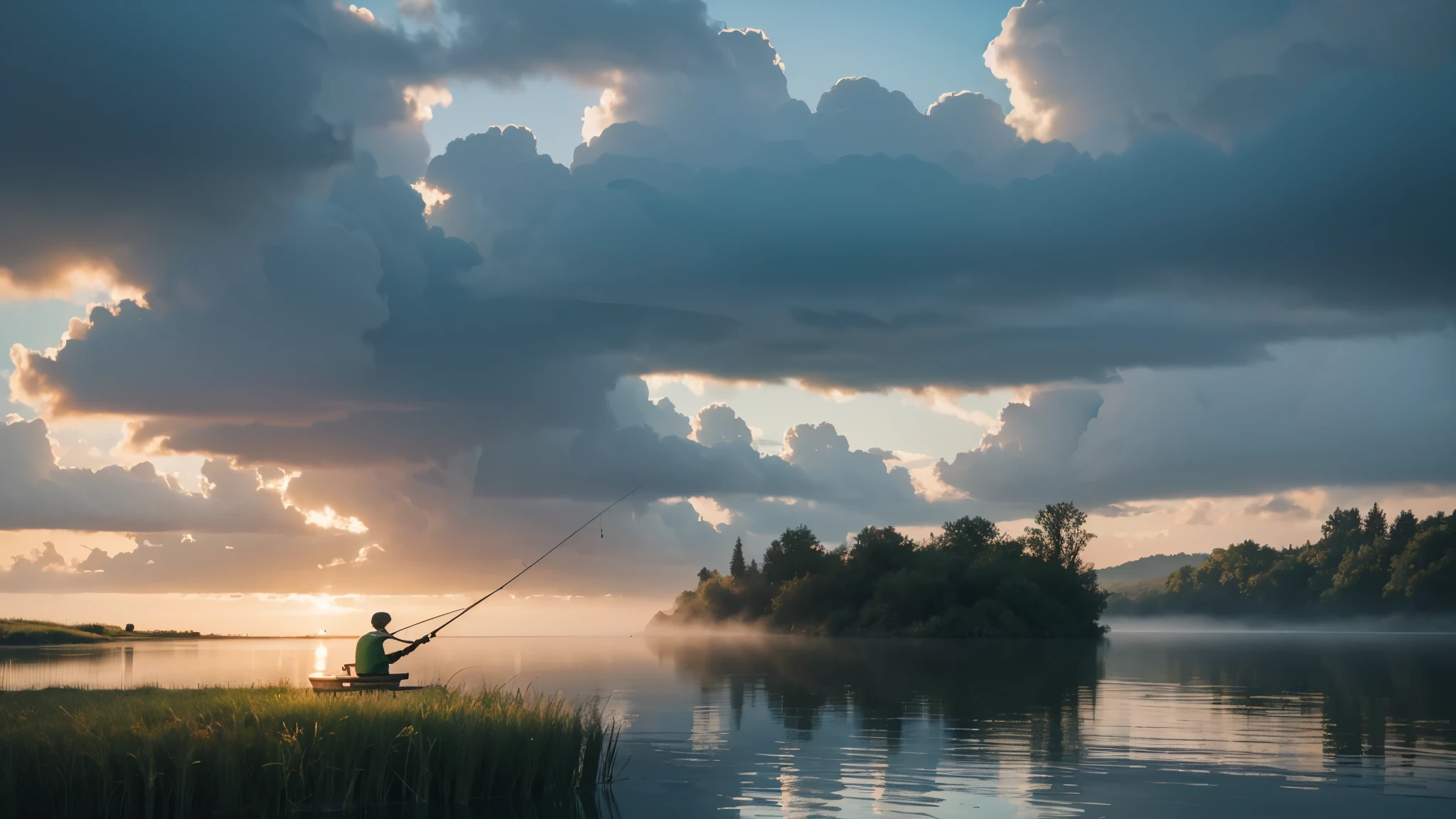 first-person photo, I'm sitting on a fishing trip. fishing on the lake, fishing rod with a float, float in the water, fog over the water, rays of dawn, reeds, many green plants