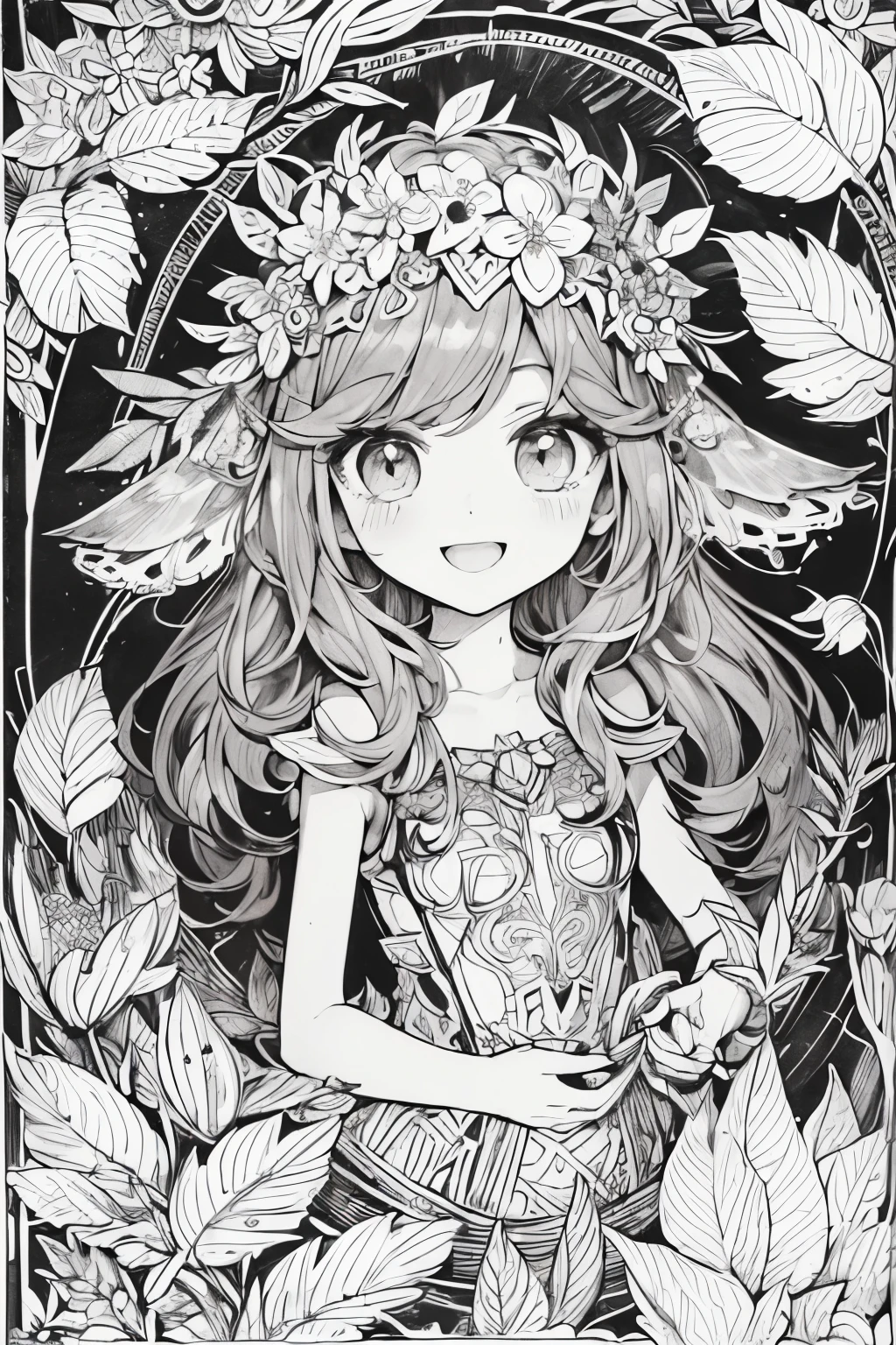 (A black and white coloring book:1.5),cute forest fairy,It has transparent feathers,simplification
