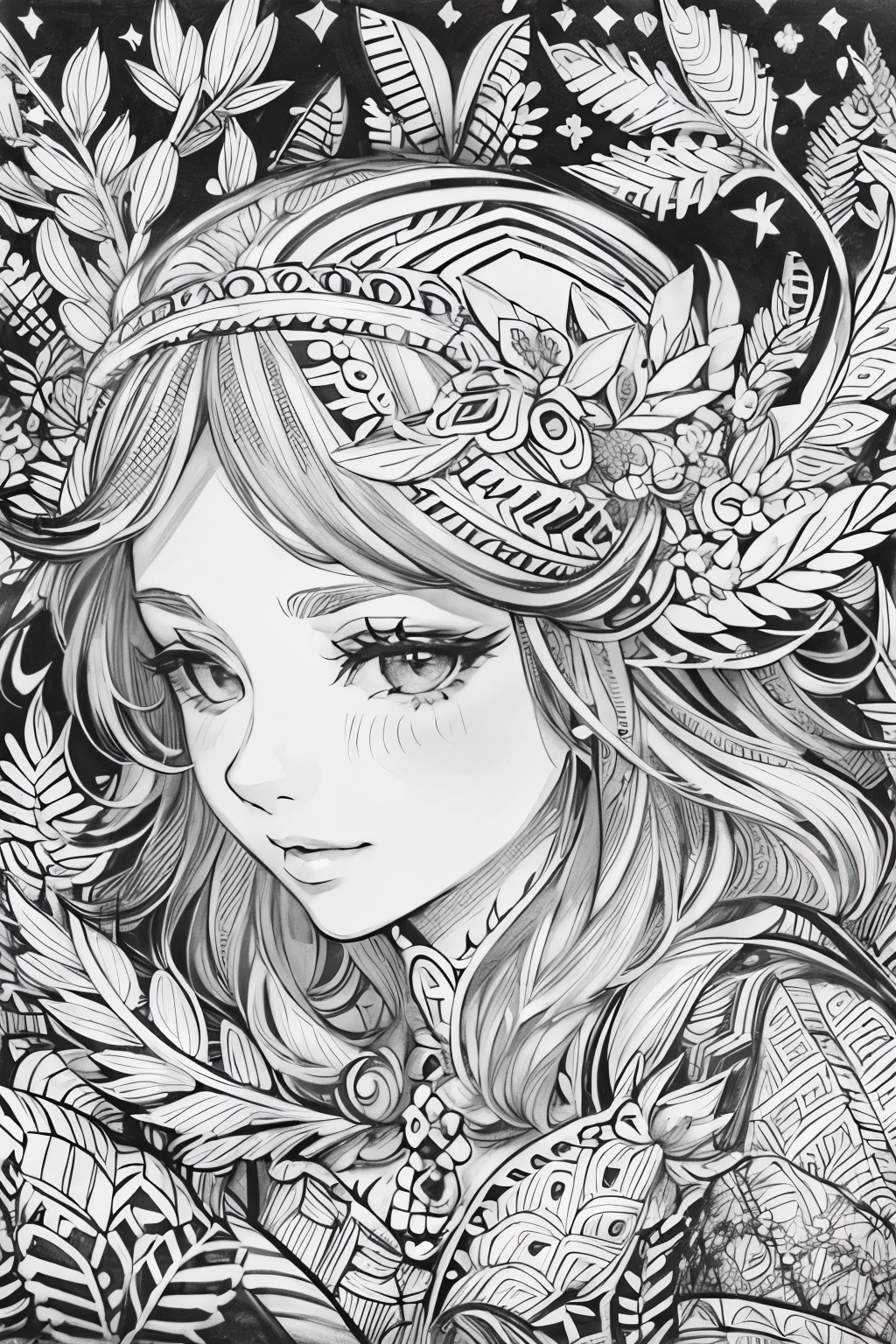 (A black and white coloring book:1.5),cute forest fairy,It has transparent feathers,simplification