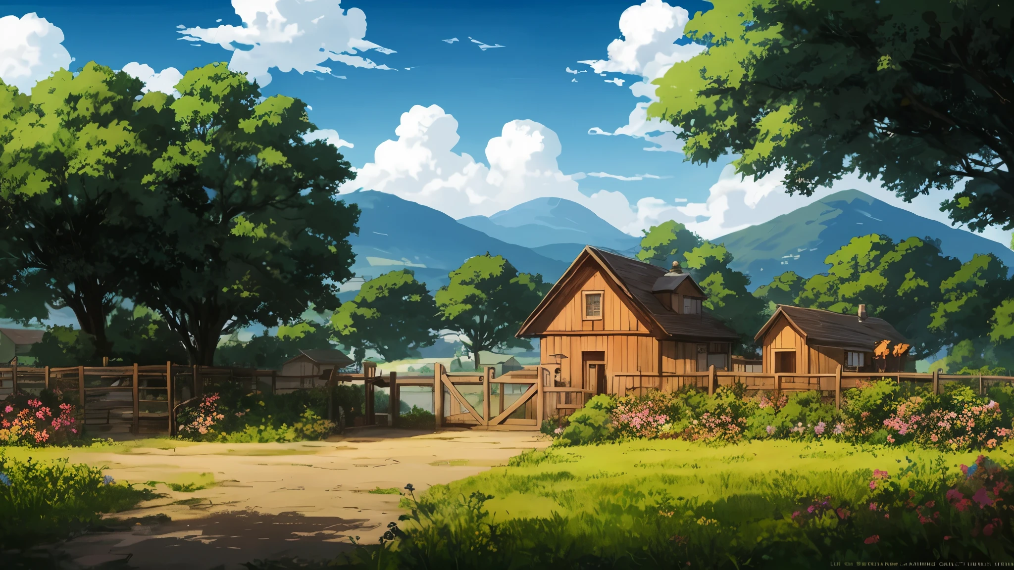 Cartoon illustration of a rural farm with fence and gate, anime countryside scenery, anime background art, anime scenery concept art, anime scenery, beautiful anime scenery, anime scenery wallpaper, anime scenery, distant village background, Studio Gribly Makoto Shinkai, Makoto Shinkai's style, anime background, anime movie background, Scenery of Studio Ghibli, colorful anime movie background