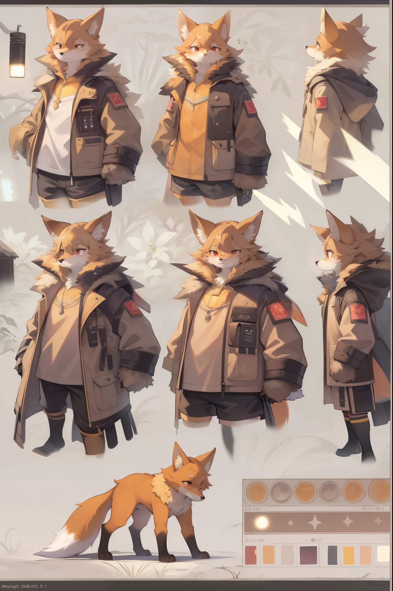 Shota the Fox,hairy,hairy,skin fur,golden fur,golden facial hair,blonde short straight hair,Eyes are bright,red eyes,brown elements on fur,brown coat brown hooded,white top,brown shorts,beautiful light and shadow,ambient light,superfine fur,Volumetric light,natural lighting,fox tail,hairy的尾巴,unmanned, Glowing tree,lake, dark landscape, rain,night,starry sky,vast landscape,Cross bangs, hairline, shiny hair, neck hair, ,The smiley face face has a faint blush, smiley face,Sleepy,(super full moon:1.2),(meteor:0.9),(nebula:1.3)(Warm light source:1.2),aurora,snow,snowfield, Extra long sleeves, purple and orange,intricate details,Volumetric lighting,A breakthrough in realism(masterpiece:1.2)(best quality),4k,Super exquisite,(Dynamic configuration:1.4),Highly detailed and colorful details,(rainbow colors :1.2),(noctilucent lighting,mood lighting),dream magical,magic,solo,glowing light,light blush, ,single