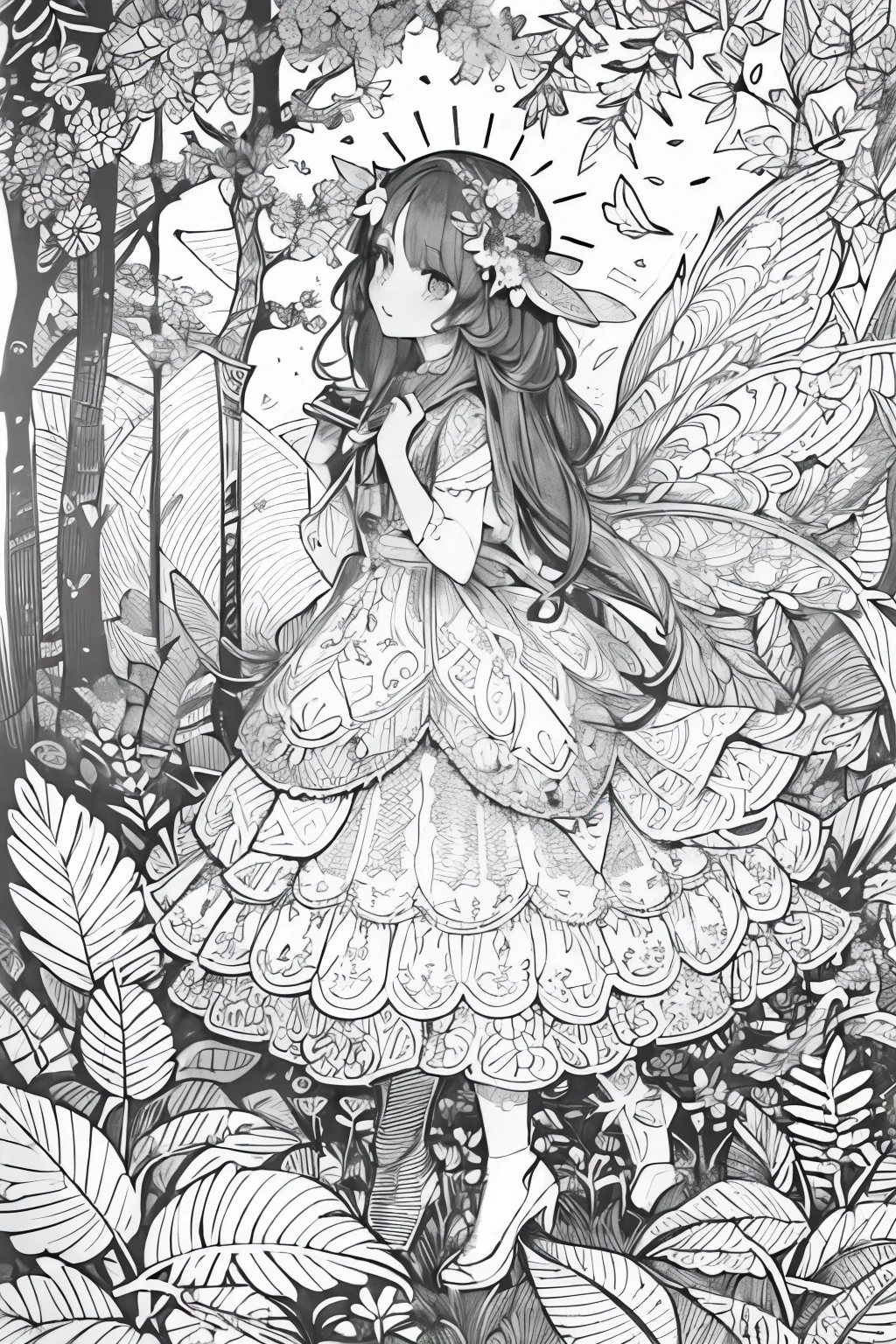 (A black and white coloring book:1.5),cute forest fairy,It has transparent feathers,simplification