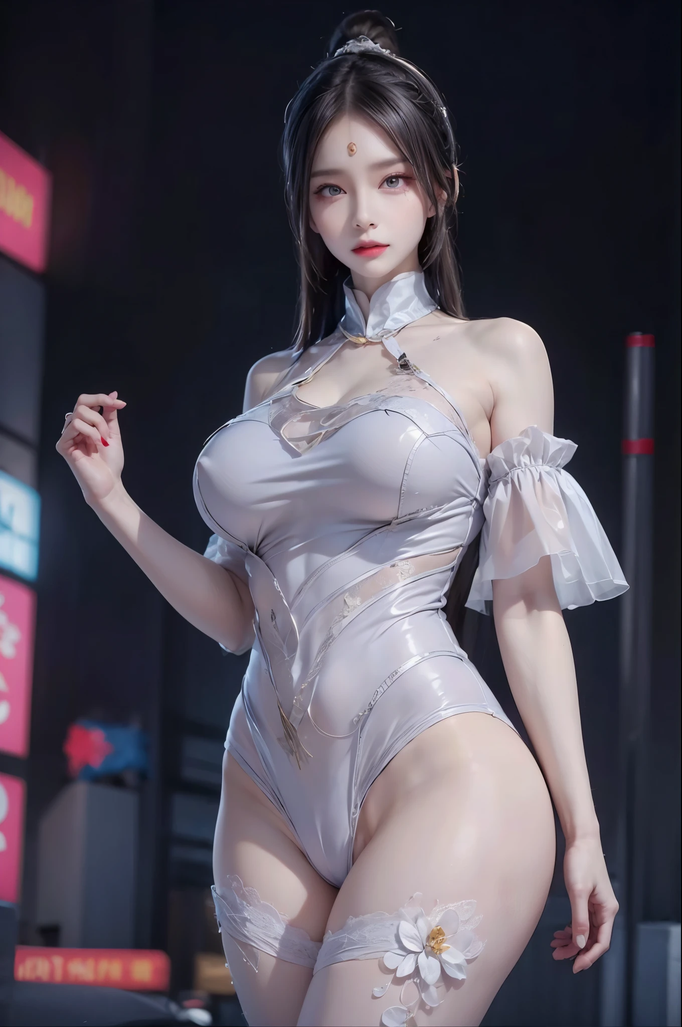 realistic, 1 women, best quality, 12k, Per HD, 1080p, wear Allstars shoes, long hair, big round , cleavagail, necklace, jewelry, shorts, short jacket, slim hips, hair tie, yellow eyes, black hair, super detailed, Eye details, hair details, person details, mouth details, face details, breast details,es details, hair details, pants details, hand details, whole body