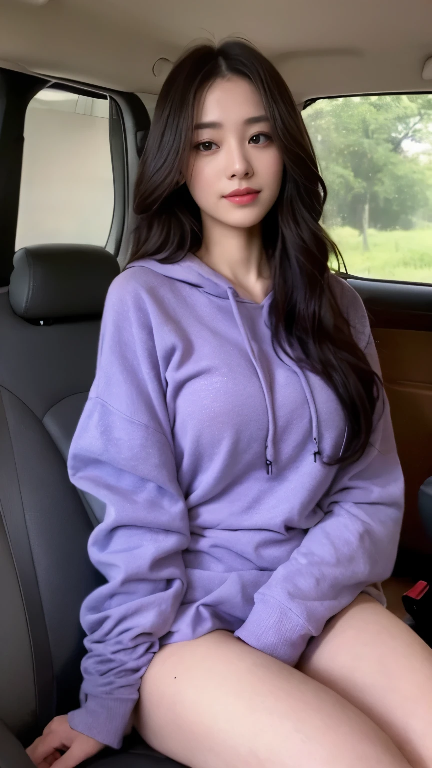 ((top-quality、8k、masterpiece:1.3))、Beautiful woman with perfect body:1.4、slim abdomen:1.2、Longhair, normal breast, Highly detailed facial and skin texture, A detailed eye, delicate eyes, double eyelid, (smile), (full body shot), ((in the car 1.1)), (sitting in car), ((wearing purple hoodie)), looking in front