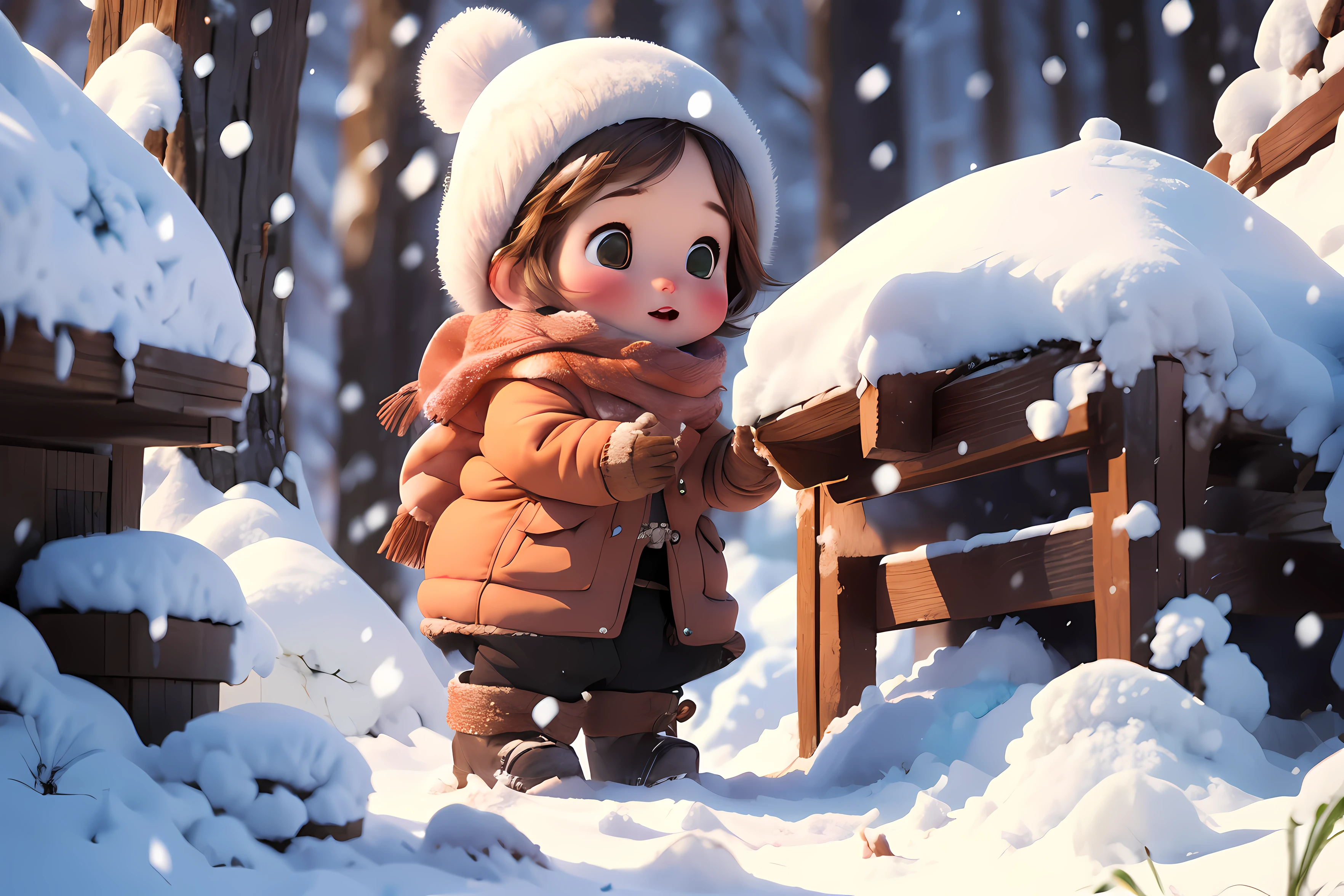 1 girl, snow, alone, Gloves, brown hair, winter clothes, boots, have, snowing, coat, brown eyes, scarf, winter, fur trim, blush