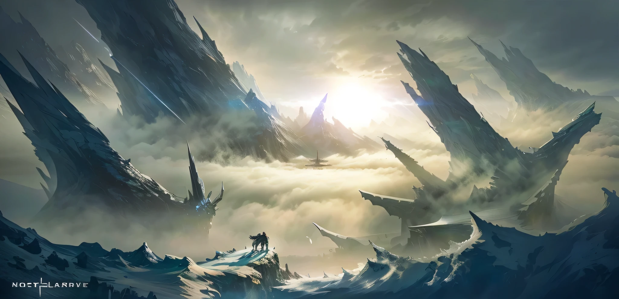 there is a man standing on a mountain with a sword, blizzard game concept art, concept art. epic scenery, winter concept art, concept art Astonishing atmosphere, blizzard concept art, Astonishing concept art, award-winning concept art, blizzard concept artist, concept art artwork masterpiece, Astonishing! concept art, pristine concept art, epic concept art, Divine Light Numbers