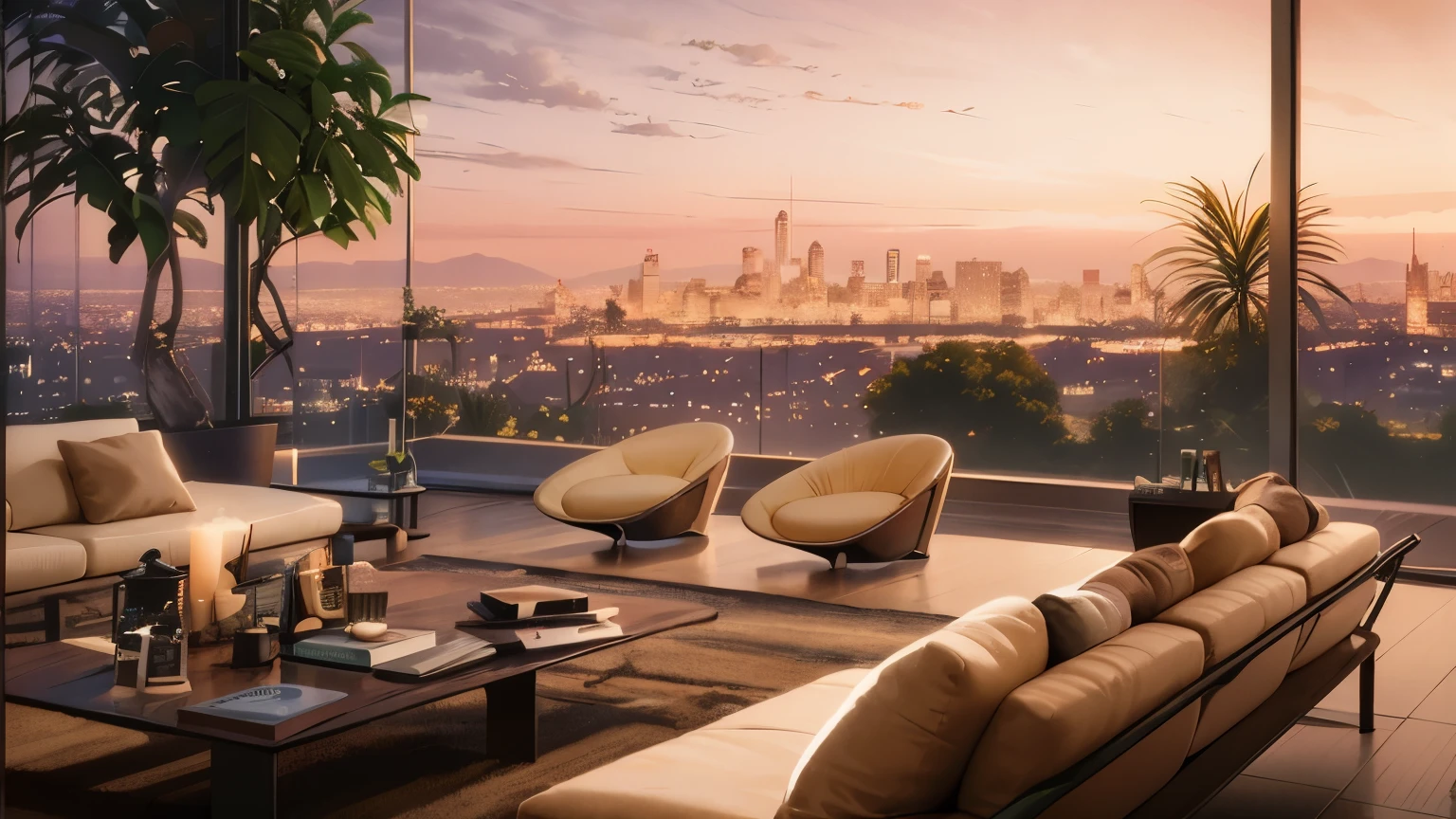 À la Fed view of living room with sofa and table, overlooking a modern city, City view, luxury lifestyle, luxurious environment, Nice views, beautiful scenery, Relaxing time. good view, Vast cinematic scenery, vast scenery, sunset view, City Apartments, City views, paradise in the background, Nice views, Nice views, background city