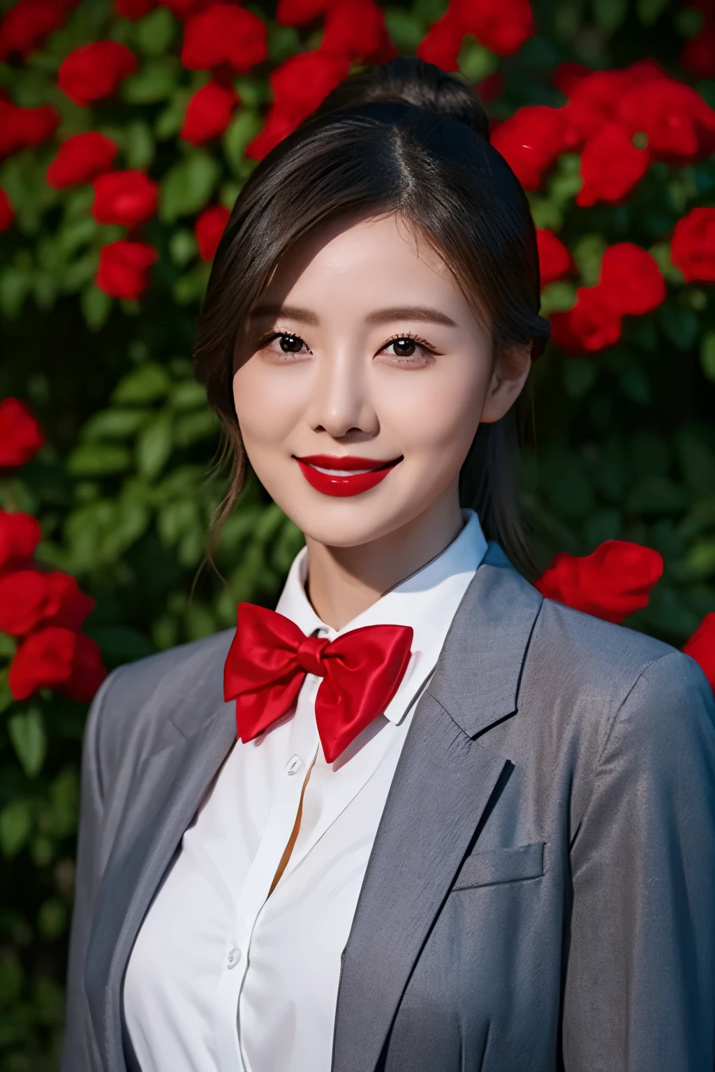 Draw lips correctly, red lipstick, from chest up, best quality, Super detailed, lifelike, Super fine skin, perfect anatomy, (Chinese women), (alone),white shirt,red bow tie,gray blazer,27-year-old woman,Mature,charming smile,The face is chubby,hair tied up,Slightly fat body,garden background