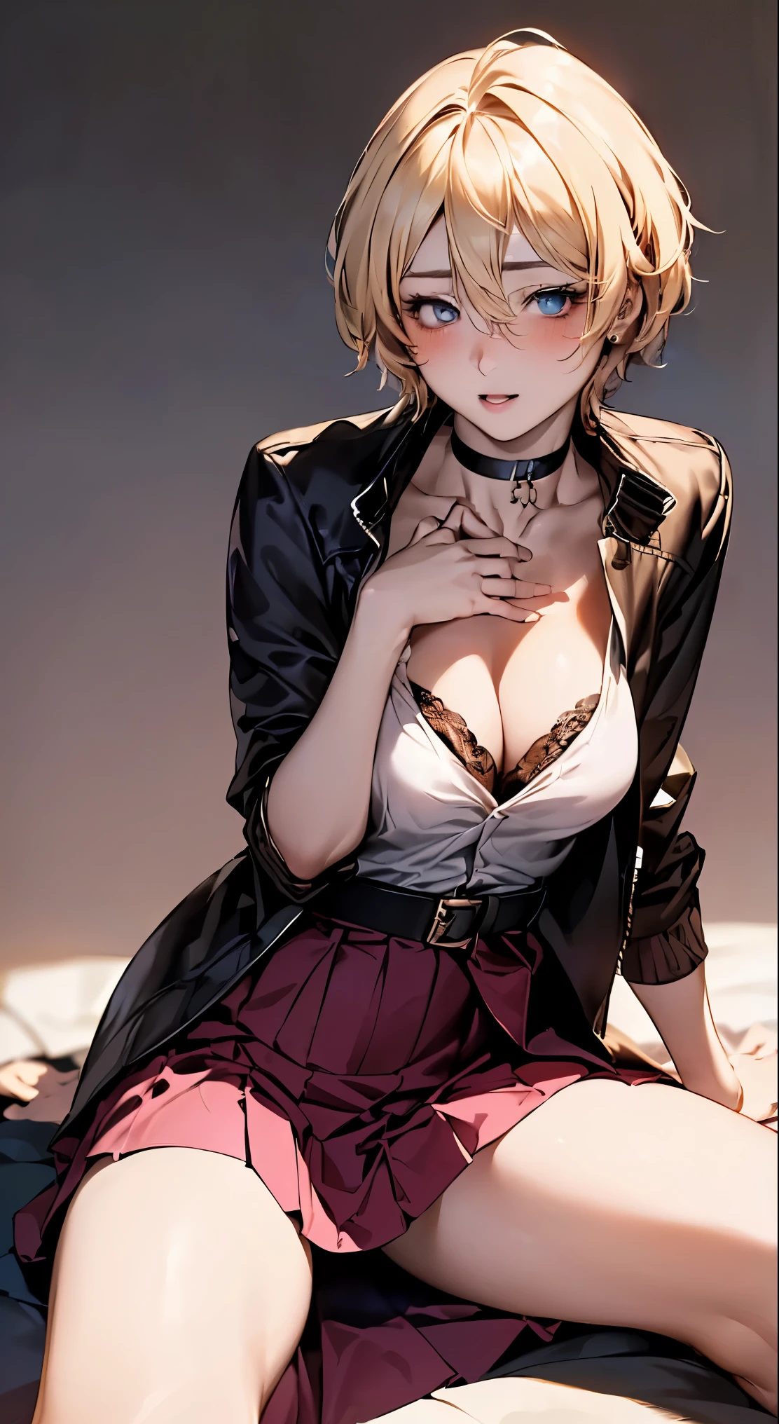 (masterpiece:1.2, highest quality), (realistic, photorealistic:1.4), beautiful illustrations,
looking at the viewer, whole body, Front view:0.6,
1 female, 25 years old, Japanese, ((blonde:1.5, handsome short hair:1.4)), No bangs, hair between eyes, ((height: 176 cm, medium breasts:1.6, thin waist))
beautiful hair, beautiful face, beautiful and detailed eyes, (Eyes glowing pink:1.3), beautiful clavicle, beautiful body, beautiful breasts, beautiful thighs, beautiful feet, beautiful fingers, perfect anatomy:1.3,
(MA-1 jacket:1.8, long skirt:1.4, belt, choker:1.6)), white panties:1.6,
((Grasp the hem of the skirt with your right hand, put your left hand on your chest, open your legs:1.3)),
(Look at the viewer while blushing:1.3), ((nfsw:1.4))