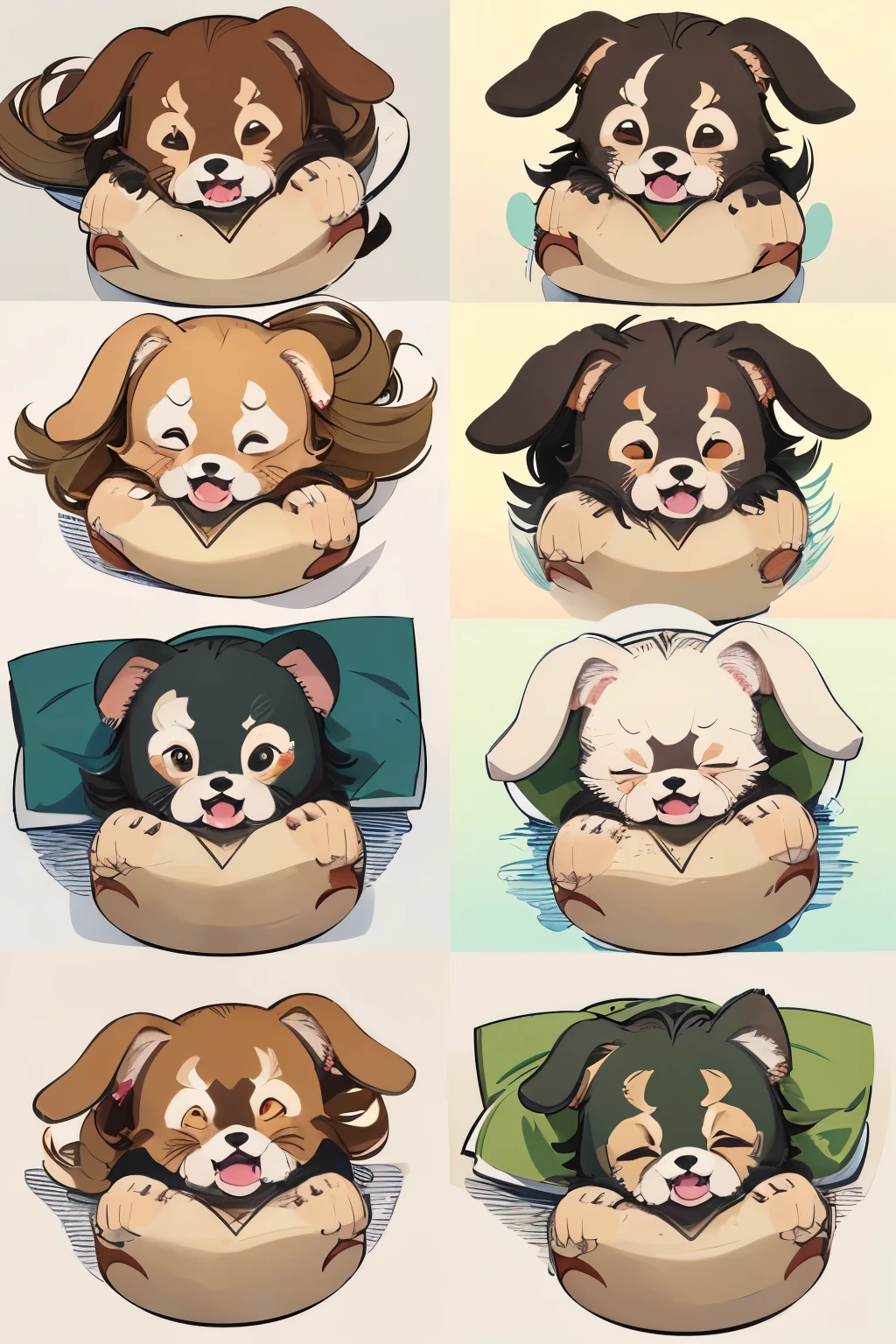 The same puppy, in corgi form, with multiple poses and expressions, generates different expressions of the same character, including dogs with angry expressions, dogs with happy expressions, dogs with coquettish expressions, etc., a set of illustrations with thick lines and colors (stone green, yellowish brown) Hand-drawn comic style, 9 groups of action poses