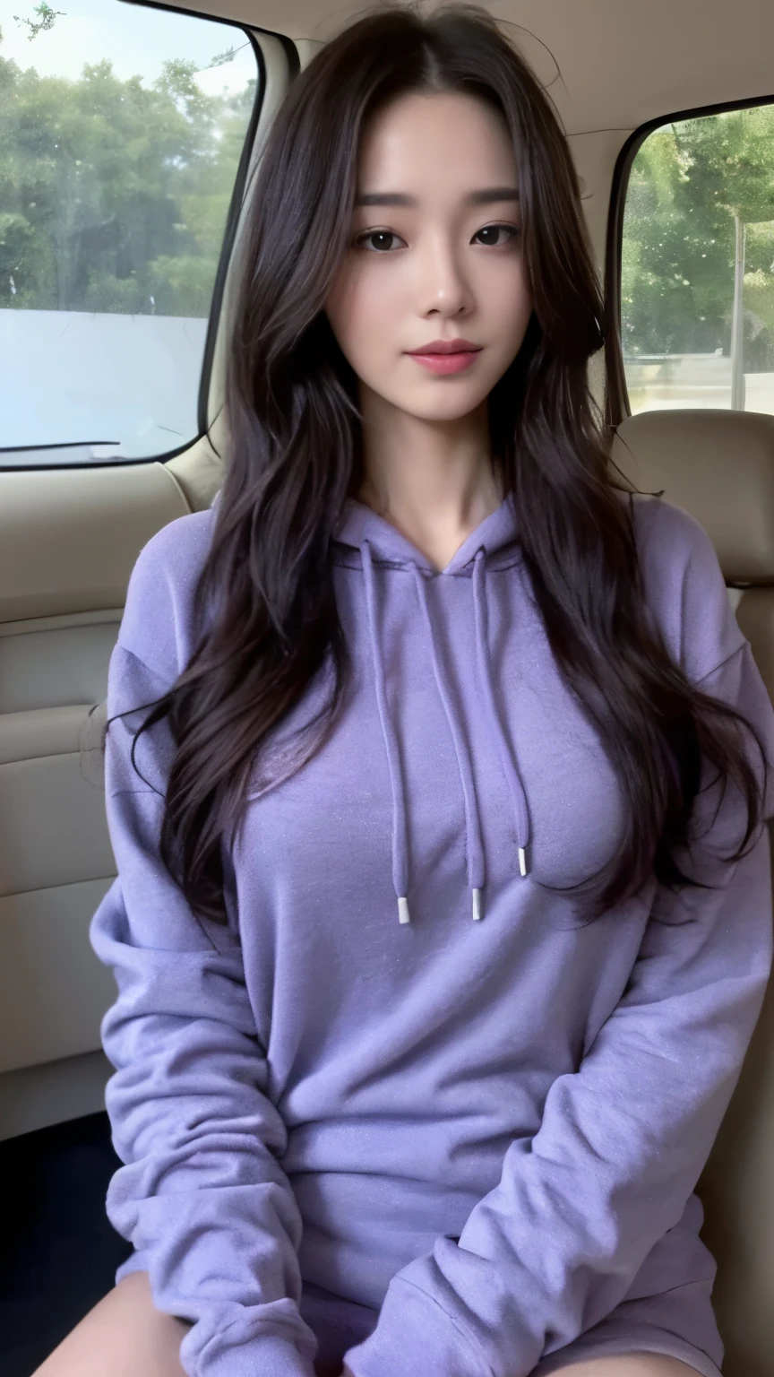 ((top-quality、8k、​masterpiece:1.3))、Beautiful woman with perfect body:1.4、slim abdomen:1.2、Longhair, normal breast, Highly detailed facial and skin texture, A detailed eye, delicate eyes, double eyelid, (smile), (full body shot), ((in the car 1.1)), (sitting in car), ((wearing purple hoodie)), looking in front