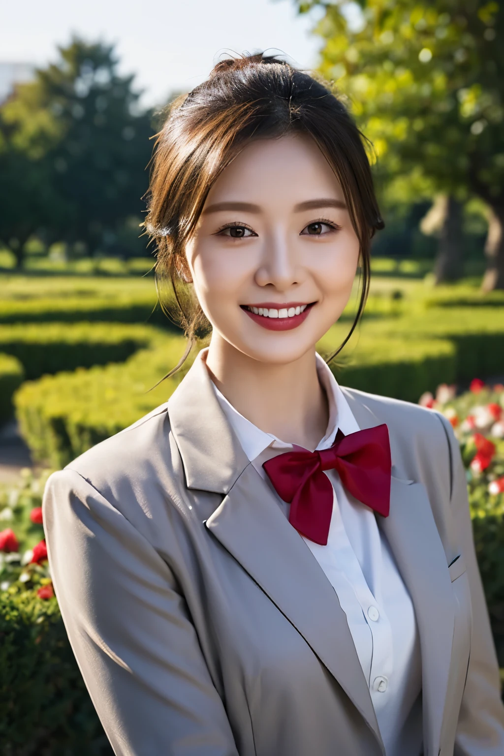 ((top quality、8k、masterpiece:1.3))、sharp focus, High level of image quality, high resolution,Draw lips correctly, red lipstick, from chest up, best quality, Super detailed, lifelike, Super fine skin, perfect anatomy, (Chinese women), (alone),white shirt,Buttons clearly visible,red bow tie,gray blazer,27-year-old woman,Mature,charming smile,The face is chubby,hair tied up,Slightly fat body,garden background