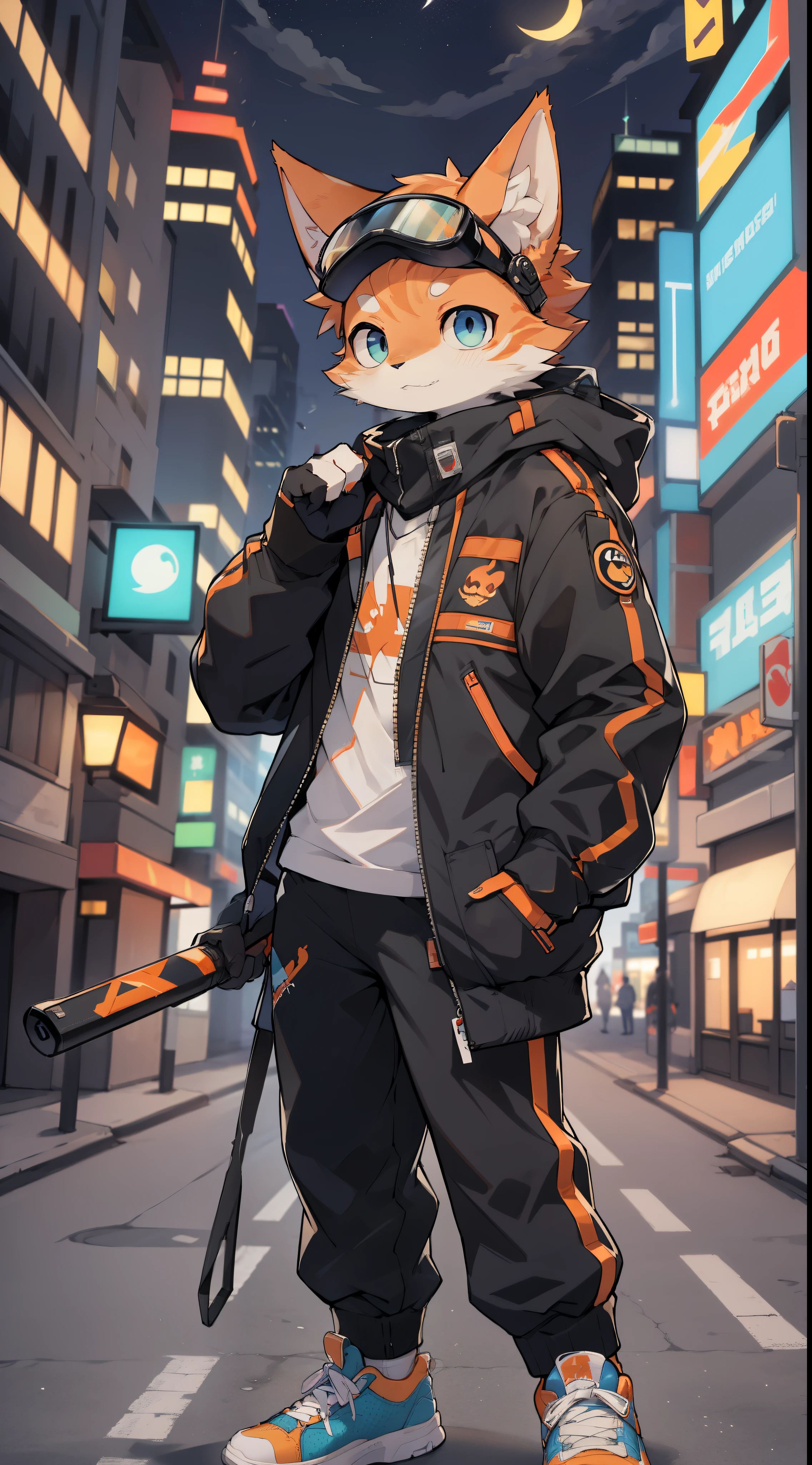 Background cyberpunk style mansion。the city that never sleeps,The color is more purple and blue。time:night,Character depiction:hairy,Cat,橙色的Cat,exhibit,橙色的Cat,There is a small scar on the left side of the forehead,Wearing a cyberpunk jacket with auspicious clouds printed on it and white sneakers。Wearing goggles on head。Cross-body Bag at waist(Bag)(Image of urban ranger or agent。),Work card hanging around the neck。Other details:(The white coat he took off was thrown on the roadside。)He holds a dark weapon in his hand。 A group of men in black holding baseball bats and some spaceships(UFO)chase him,The spaceship strafed the 橙色的Cat,The 橙色的Cat rolled over and dodged。