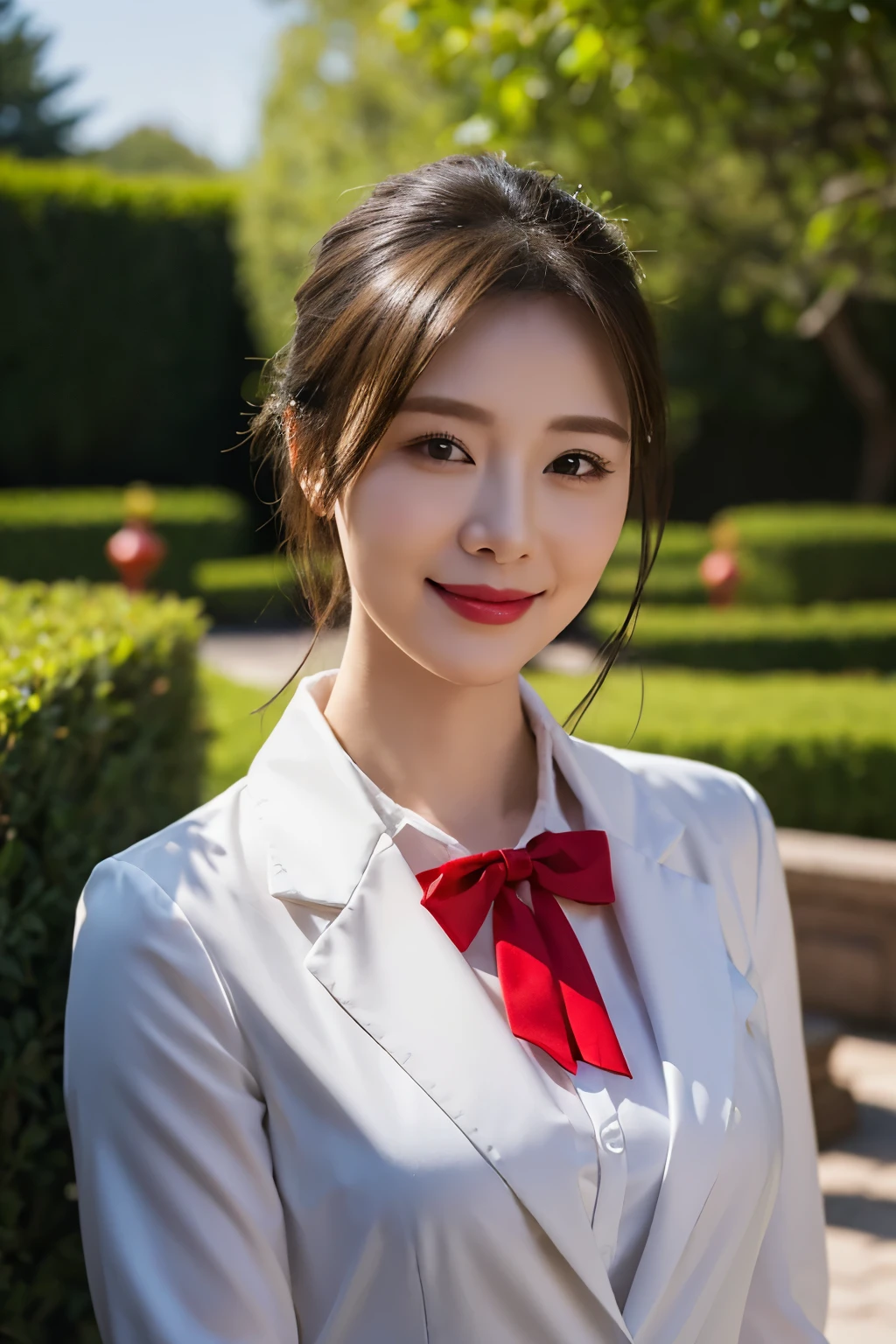 ((top quality、8k、masterpiece:1.3))、sharp focus, High level of image quality, high resolution,Draw lips correctly, red lipstick, from chest up, best quality, Super detailed, lifelike, Super fine skin, perfect anatomy, (Chinese women), (alone),white shirt,Buttons clearly visible,red bow tie,gray blazer,27-year-old woman,Mature,charming smile,The face is chubby,hair tied up,Slightly fat body,garden background