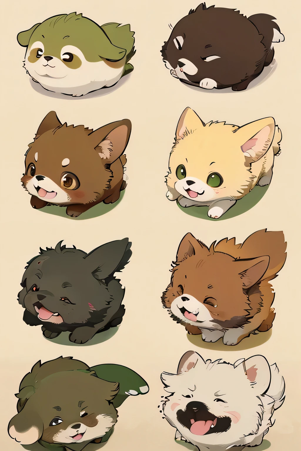 a puppy, in corgi form, Features a variety of poses and expressions, Generate different expressions of the same character, Includes dog with angry expression, Dog has happy expression, Dog with coquettish expression, ETC., a set of thick lines、Bold color illustration (stone green, Yellow-brown) Hand drawn comic style, Working posture, 12 sets