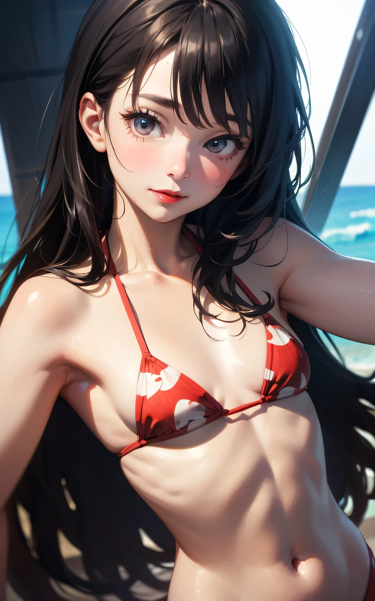 absurderes:2.0、realistic, Unity 8K Wallpaper, Masterpiece, Realistic face, Realistic skin feeling ,detailed hair, highly detailed, realistic glistening skin, Cute Girl, Perfect face, Innocent smile, (slender), ((flat chest)), charming oval face, Red lips, Glossy skin, Embarrassed expression, patterned bikini